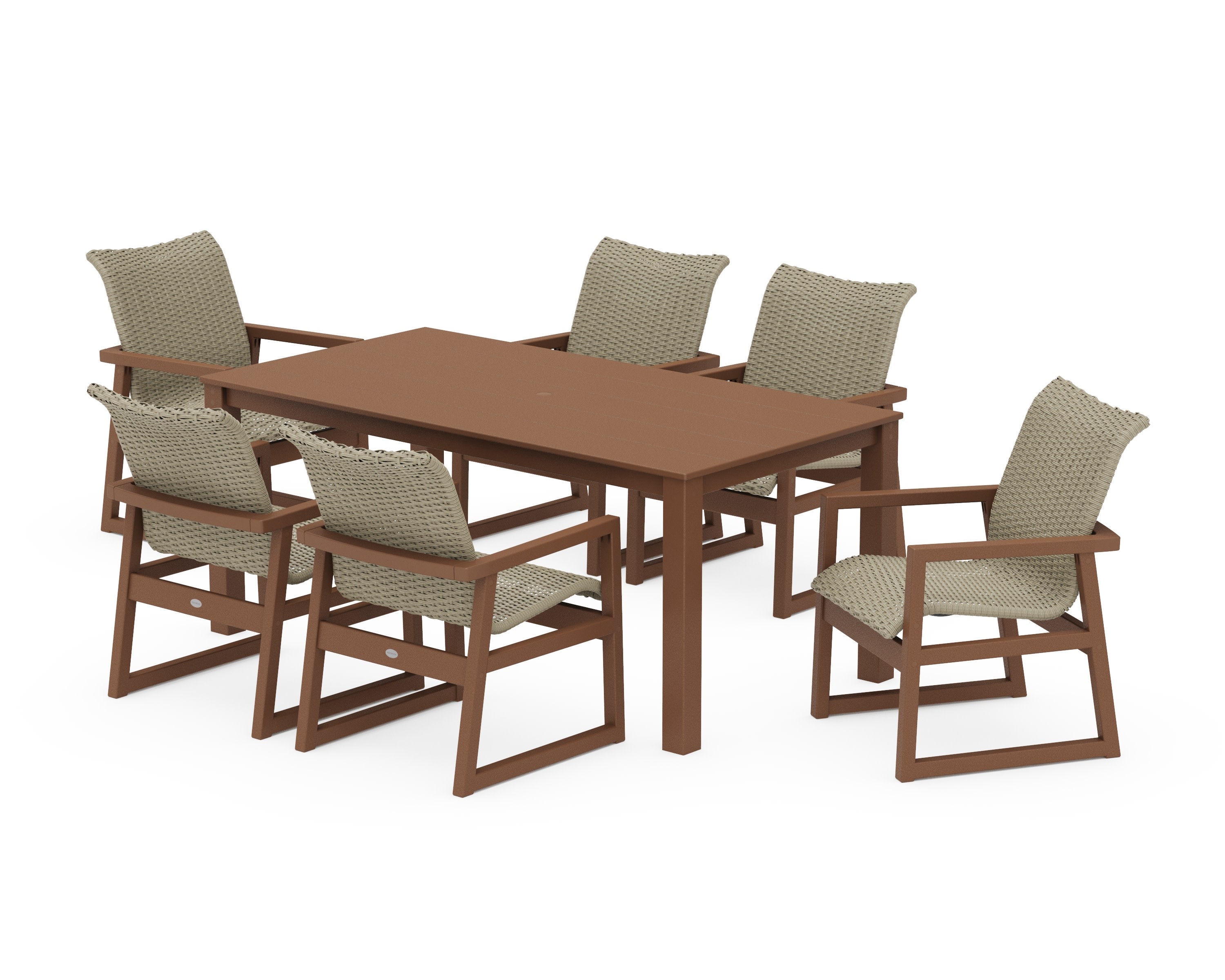 EDGE Woven Arm Chair 7-Piece Parsons Dining Set in Teak / Dune Grass