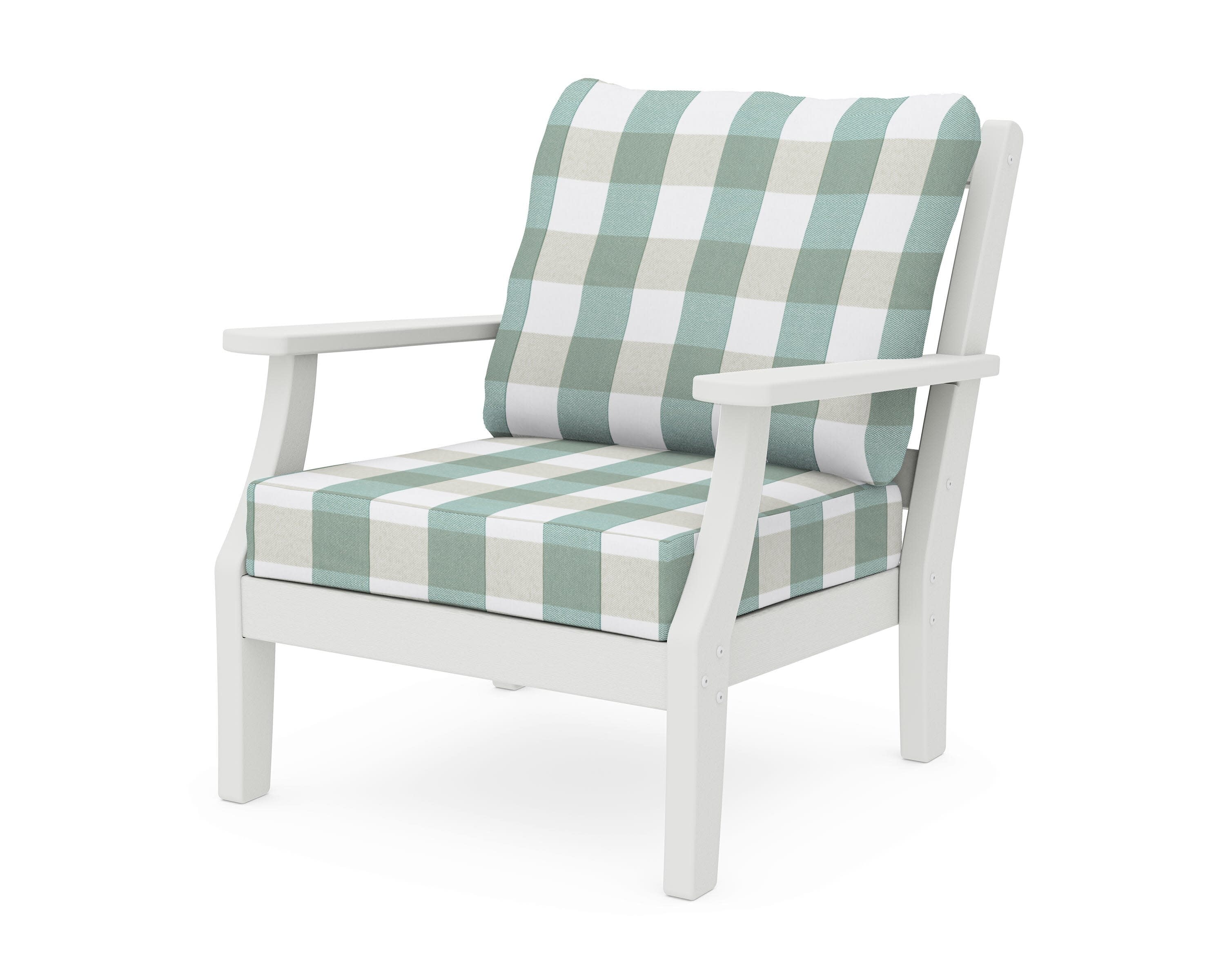 Chinoiserie Deep Seating Chair in Vintage White / Buffalo Plaid Glacier Spa