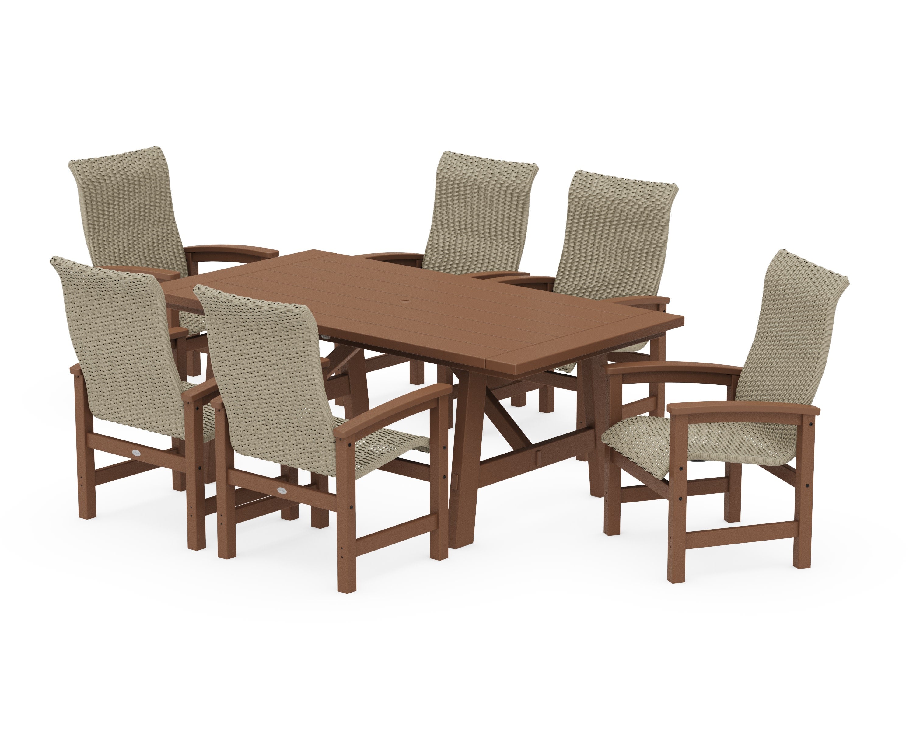 Coastal Woven High-Back Arm Chair 7-Piece Rustic Farmhouse Dining Set in Teak / Dune Grass
