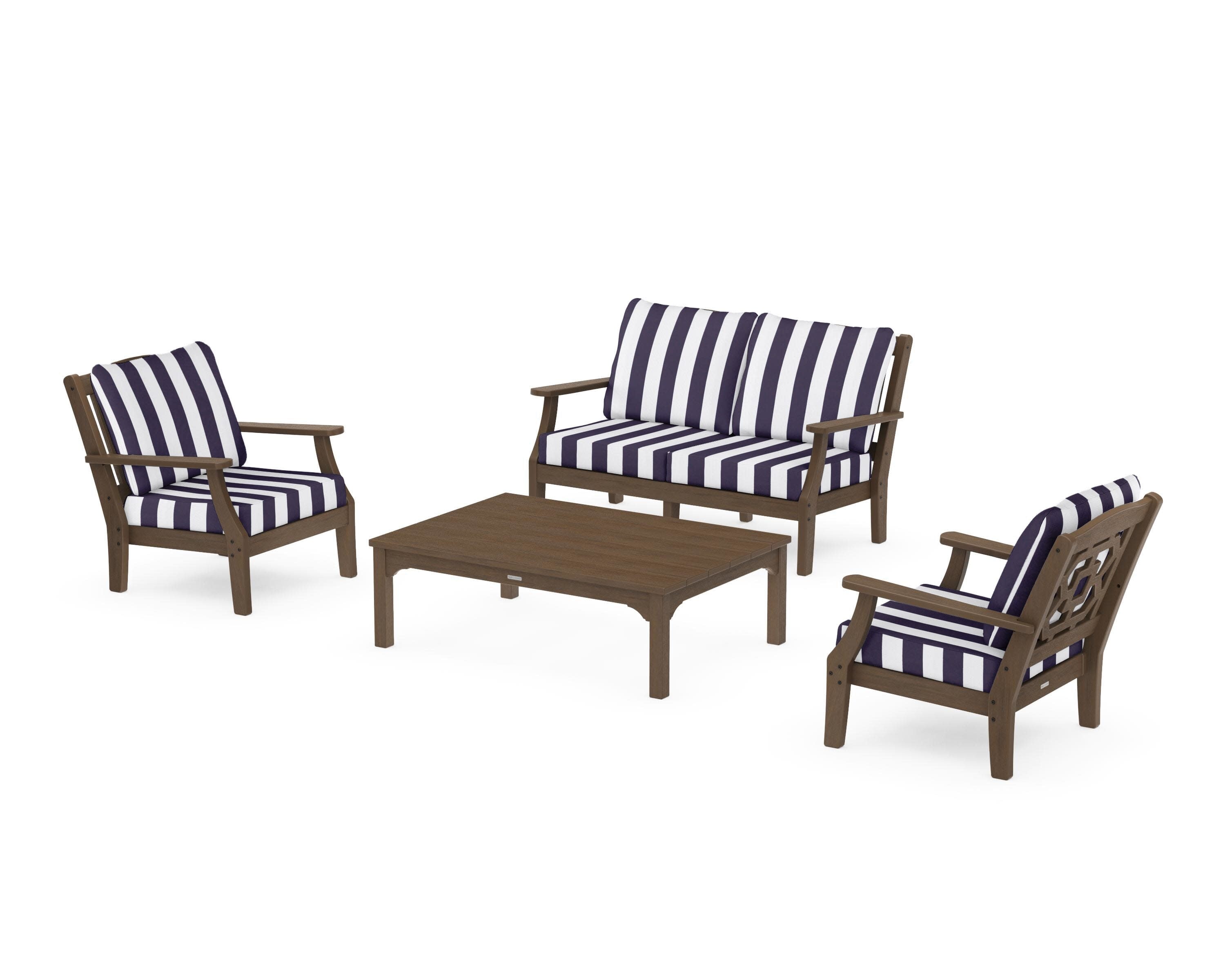 Chinoiserie 4-Piece Deep Seating Set with Loveseat in Kona / Cabana Stripe Navy