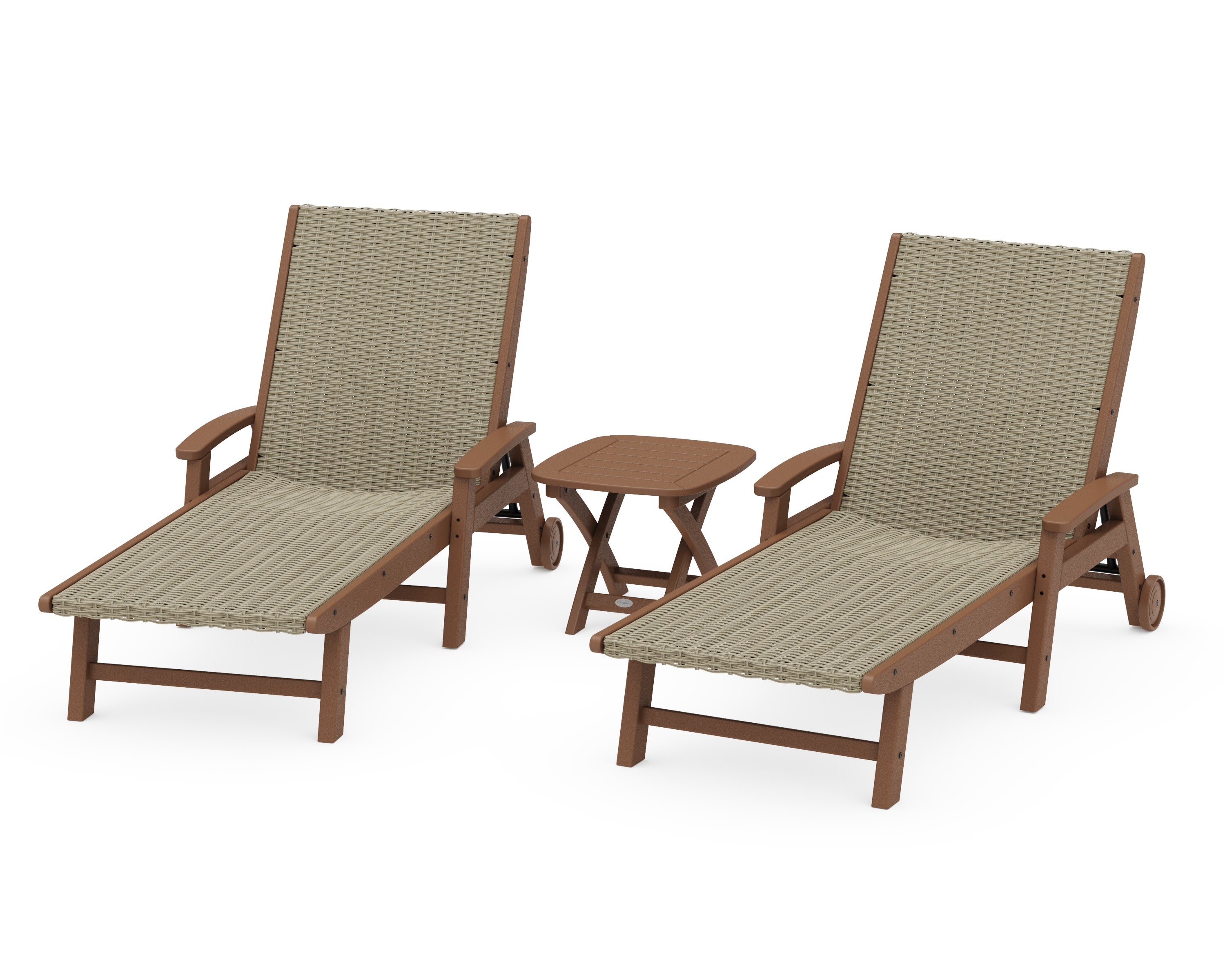 3-Piece Coastal Woven Chaise with Arms and Wheels Chaise Lounge Set in Teak / Dune Grass