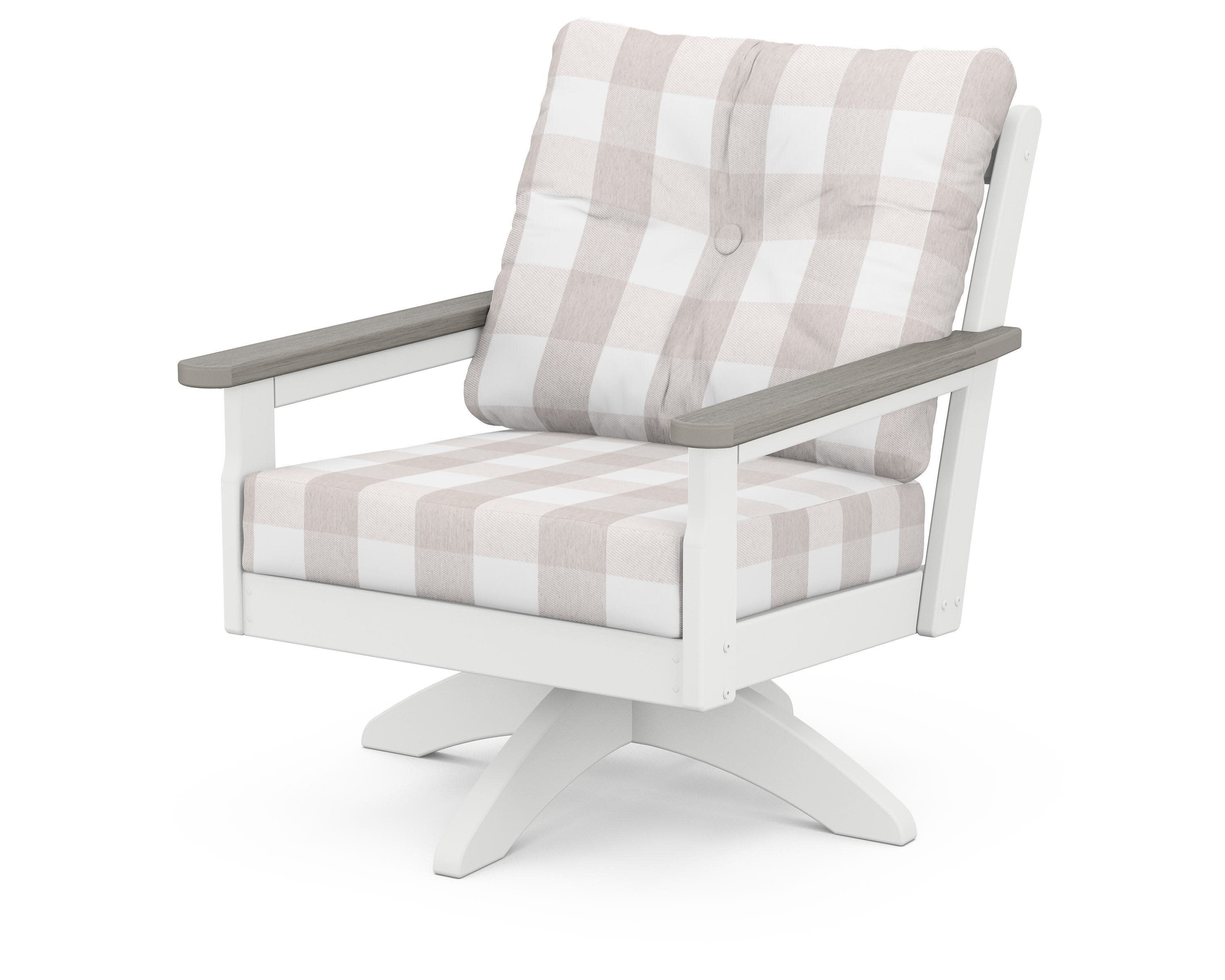 Vineyard Deep Seating Swivel Chair in White / Driftwood / Buffalo Plaid Dune Burlap