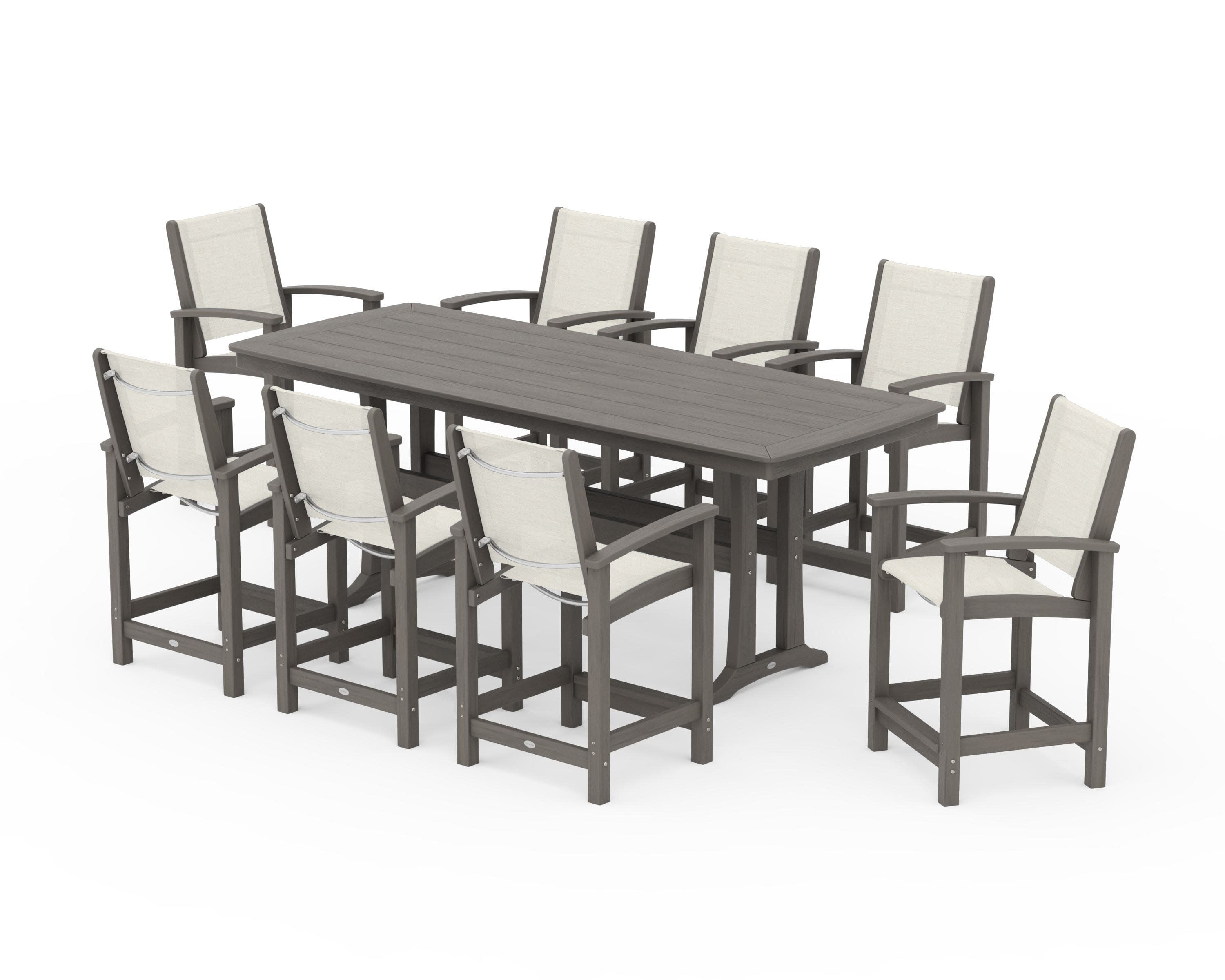 Coastal 9-Piece Counter Set with Trestle Legs in Driftwood / Parchment Sling