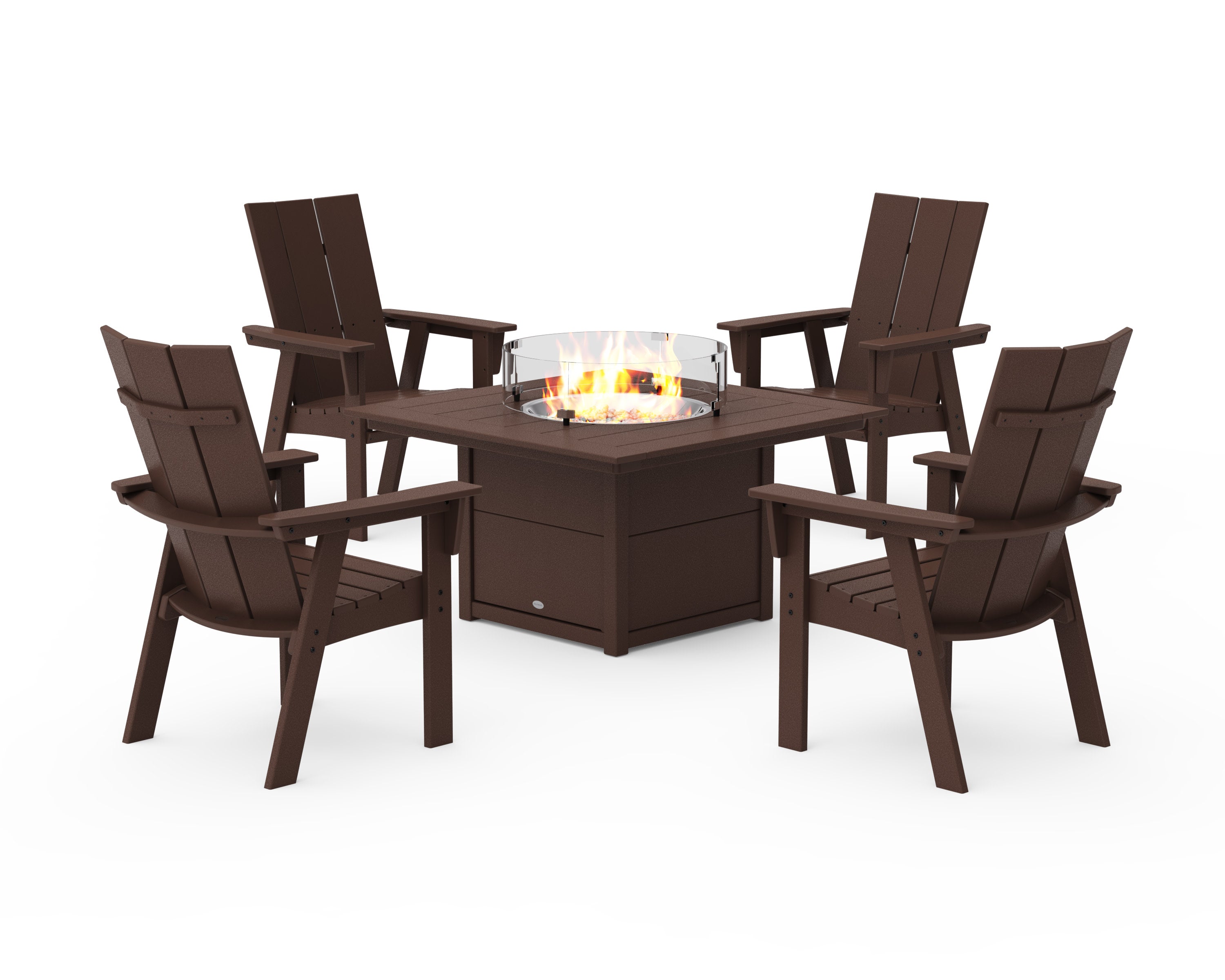 Modern 4-Piece Curveback Upright Adirondack Conversation Set with Fire Pit Table in Mahogany