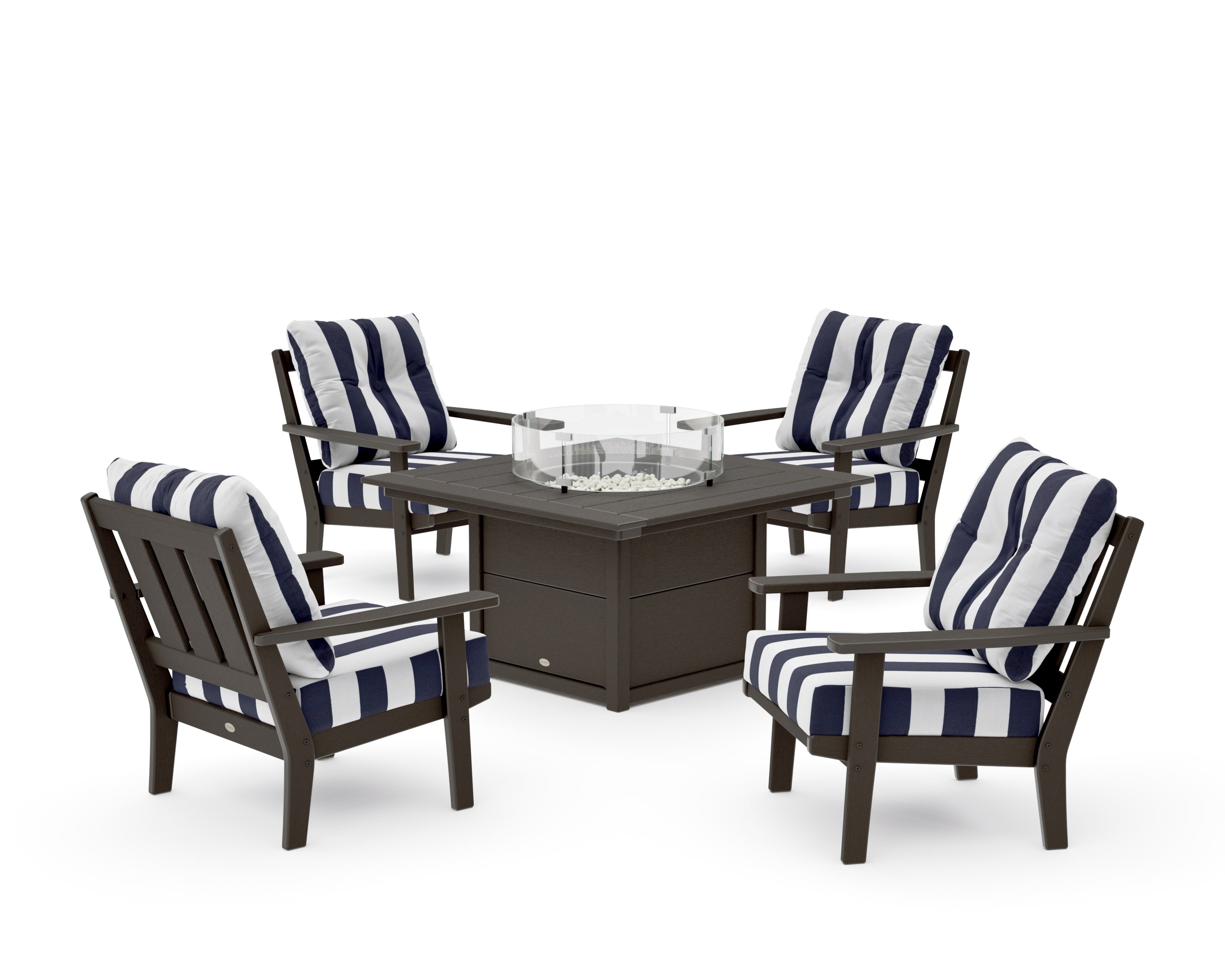 Oxford 5-Piece Deep Seating Set with Fire Pit Table in Vintage Coffee / Cabana Stripe Navy