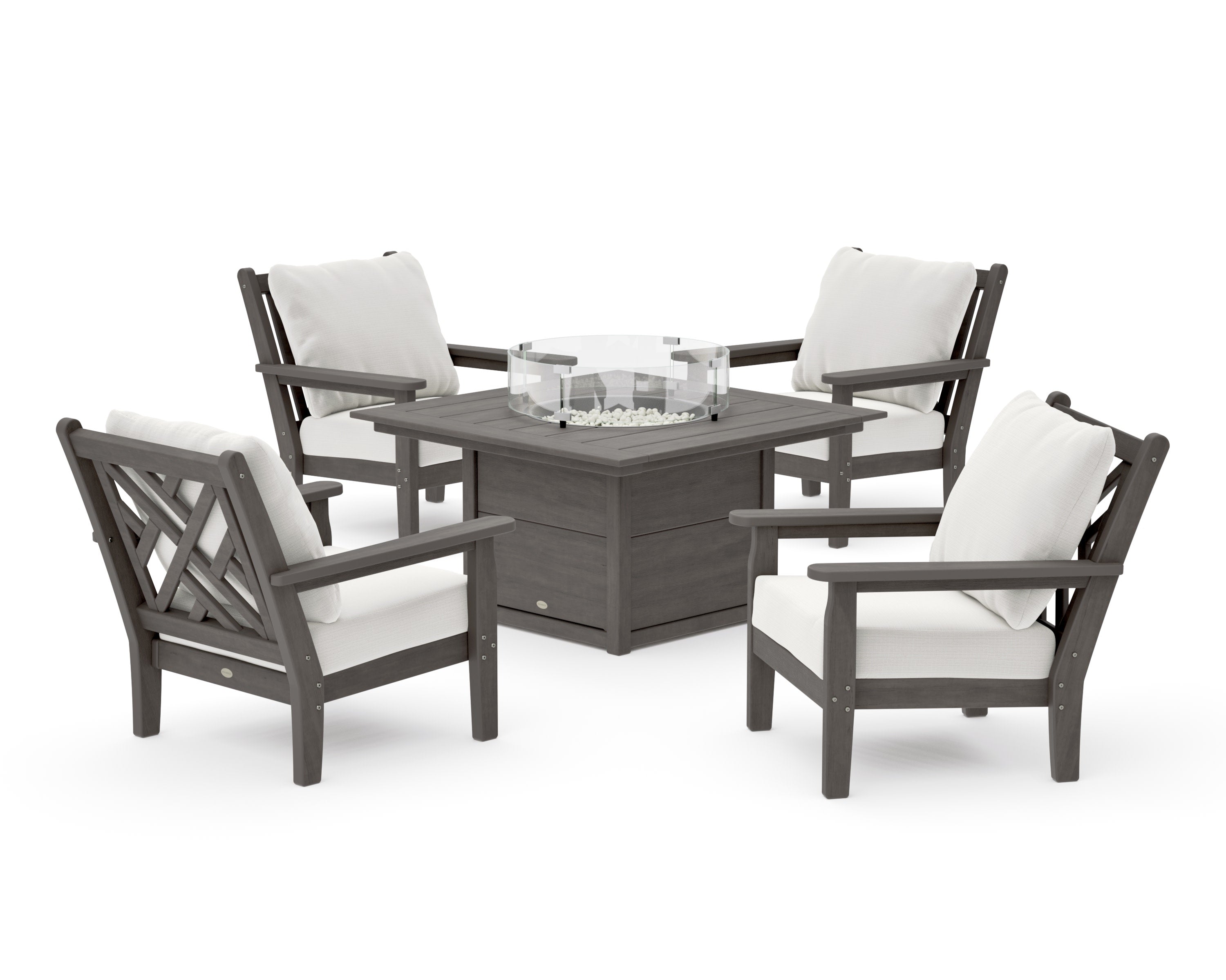 Chippendale 5-Piece Deep Seating Set with Fire Pit Table in Driftwood / Natural Linen