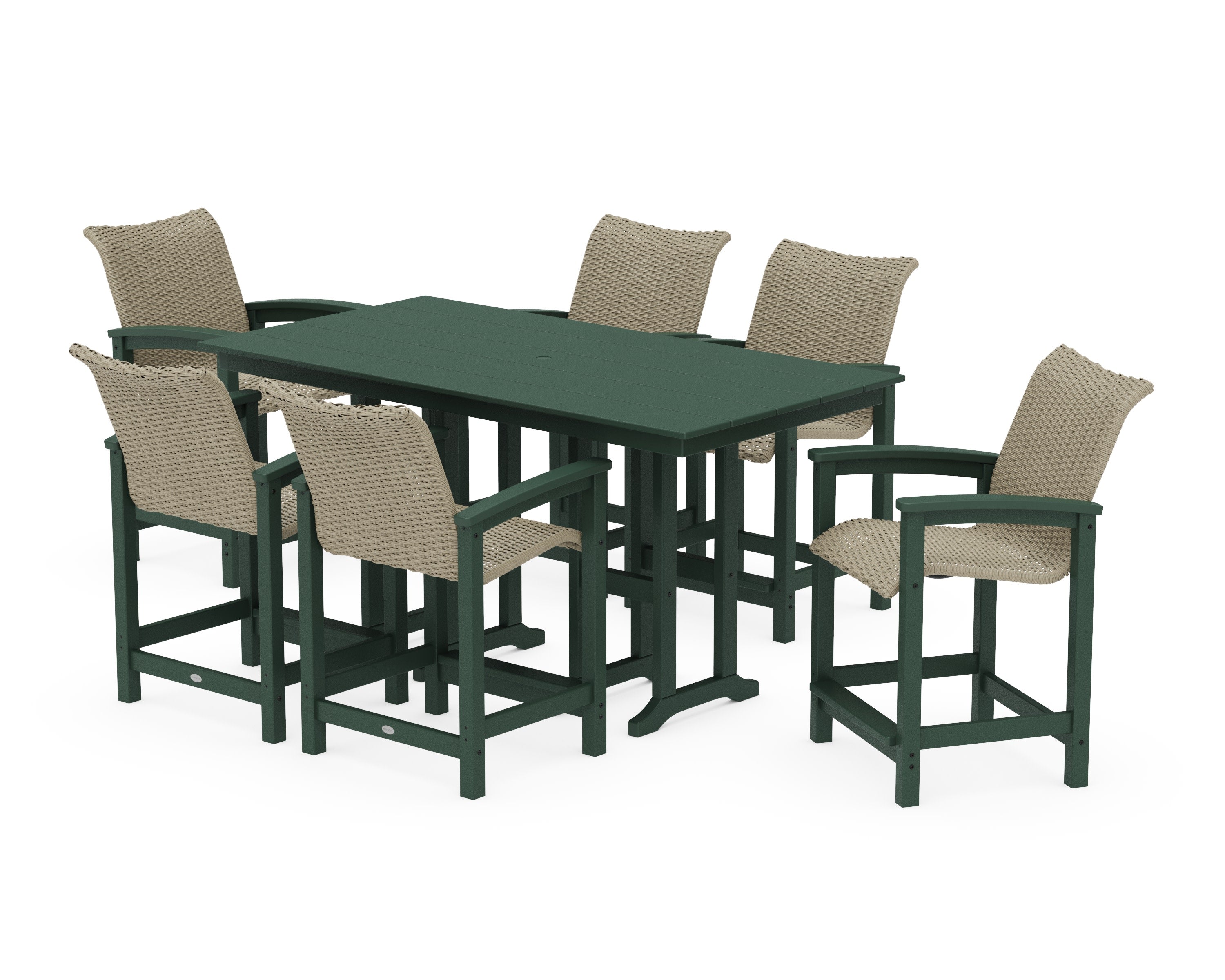 Coastal Woven Arm Chair 7-Piece Farmhouse Counter Set in Green / Dune Grass