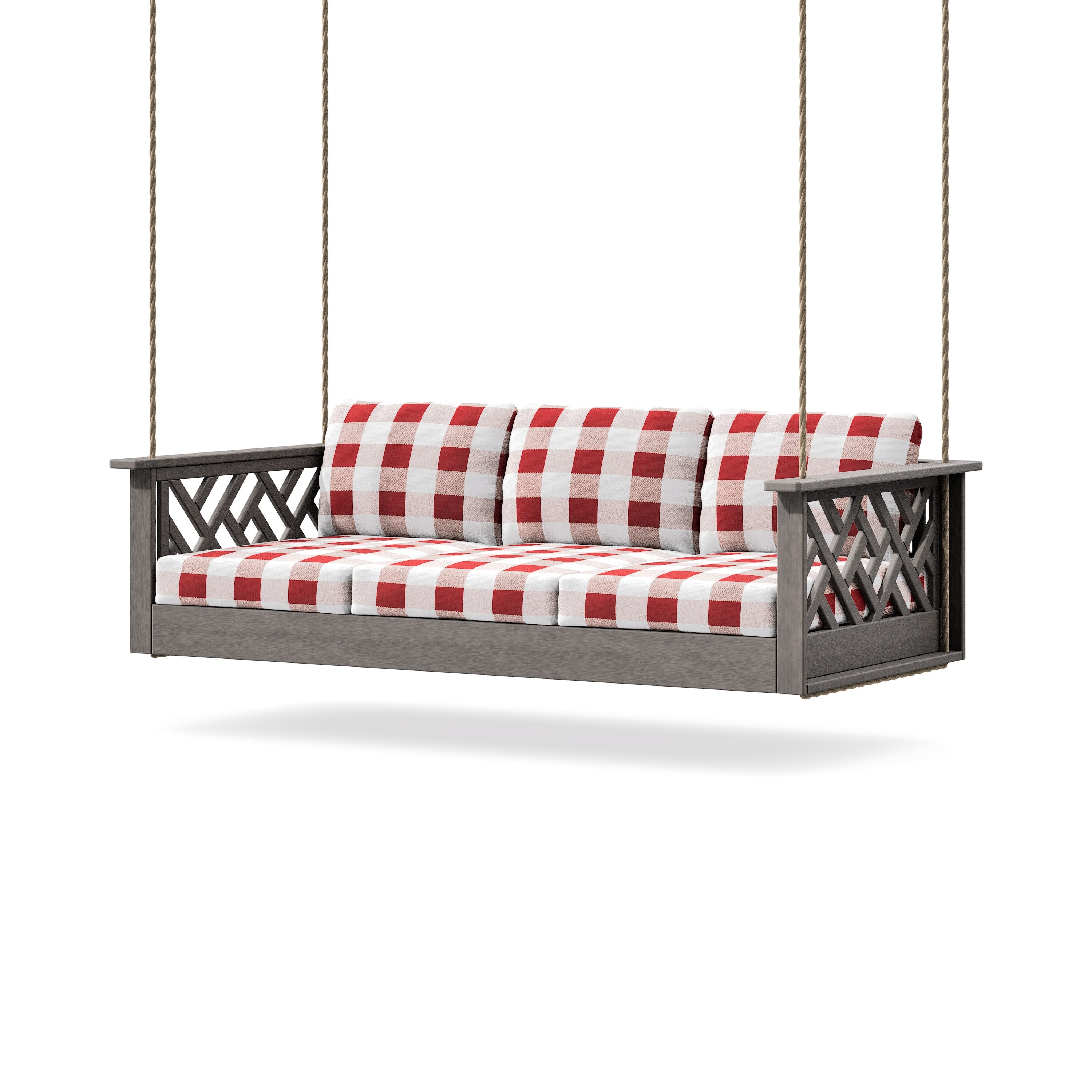Chippendale Daybed Swing in Driftwood / Buffalo Plaid Crimson