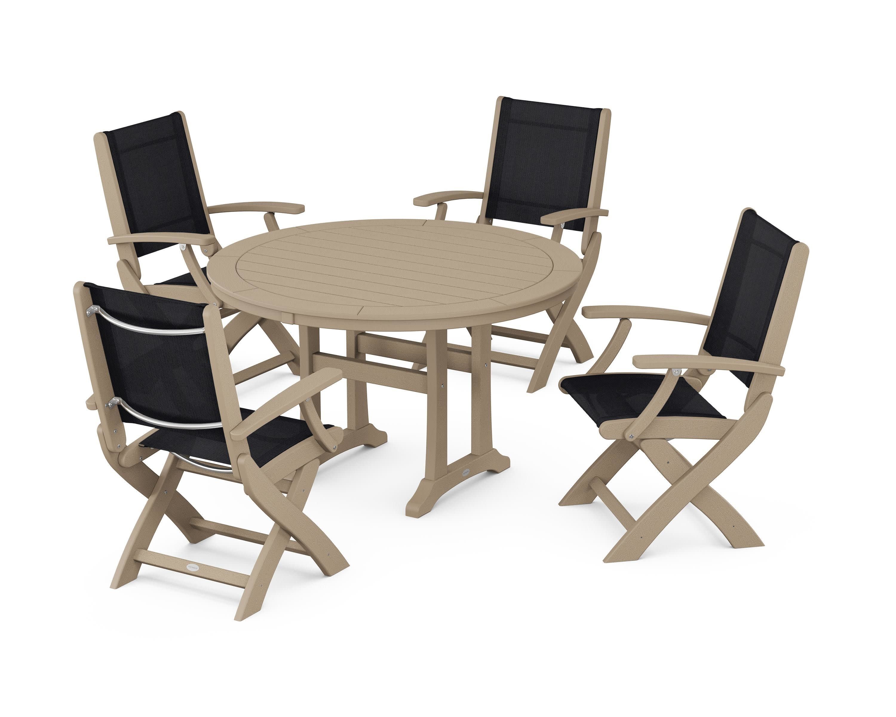 Coastal Folding Chair 5-Piece Round Dining Set with Trestle Legs in Vintage Sahara / Black Sling