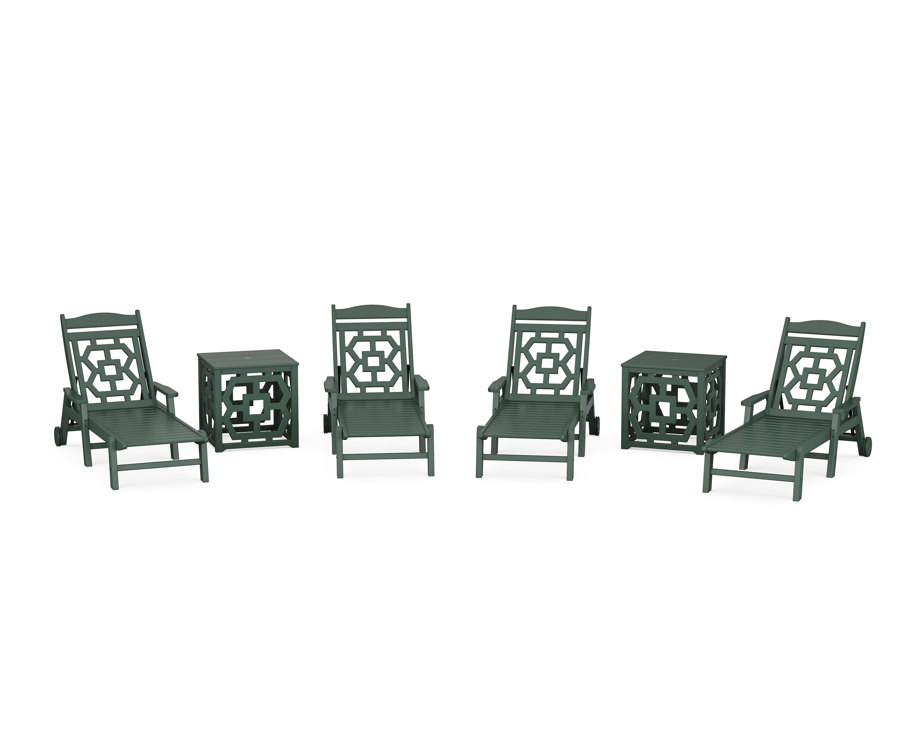 Chinoiserie 6-Piece Chaise Set with Umbrella Stand Accent Table in Green