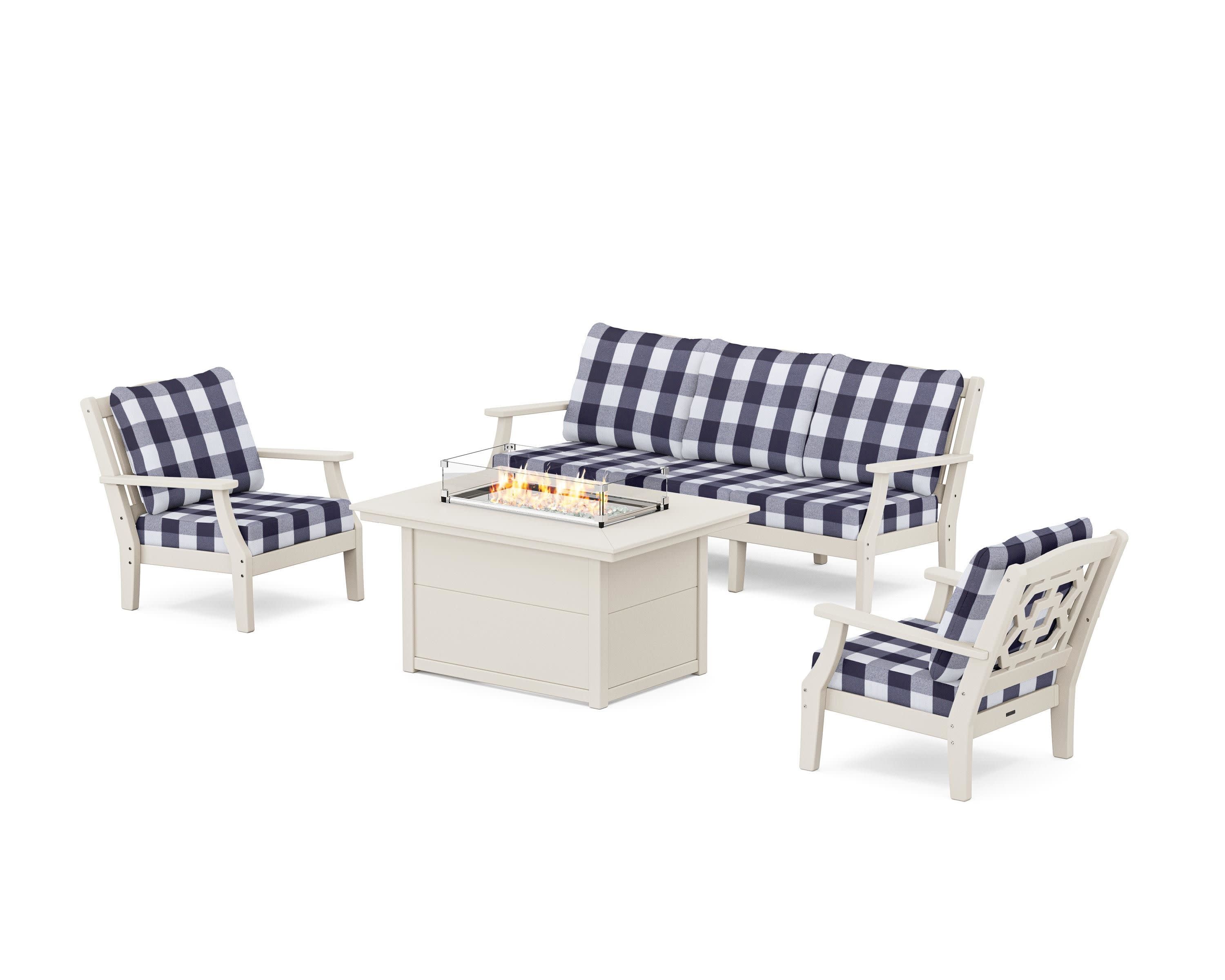 Chinoiserie Deep Seating Fire Pit Table Set in Sand / Buffalo Plaid Navy