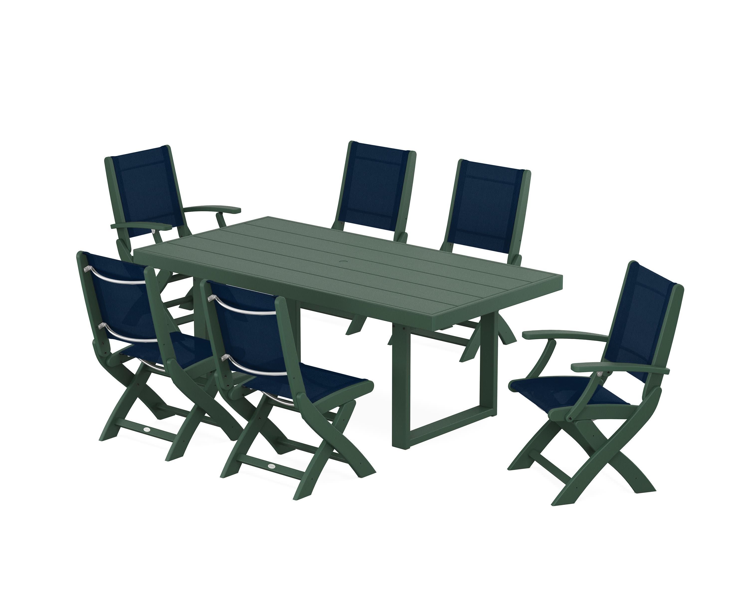 Coastal Folding Chair 7-Piece Dining Set with Trestle Legs in Green / Navy Blue Sling