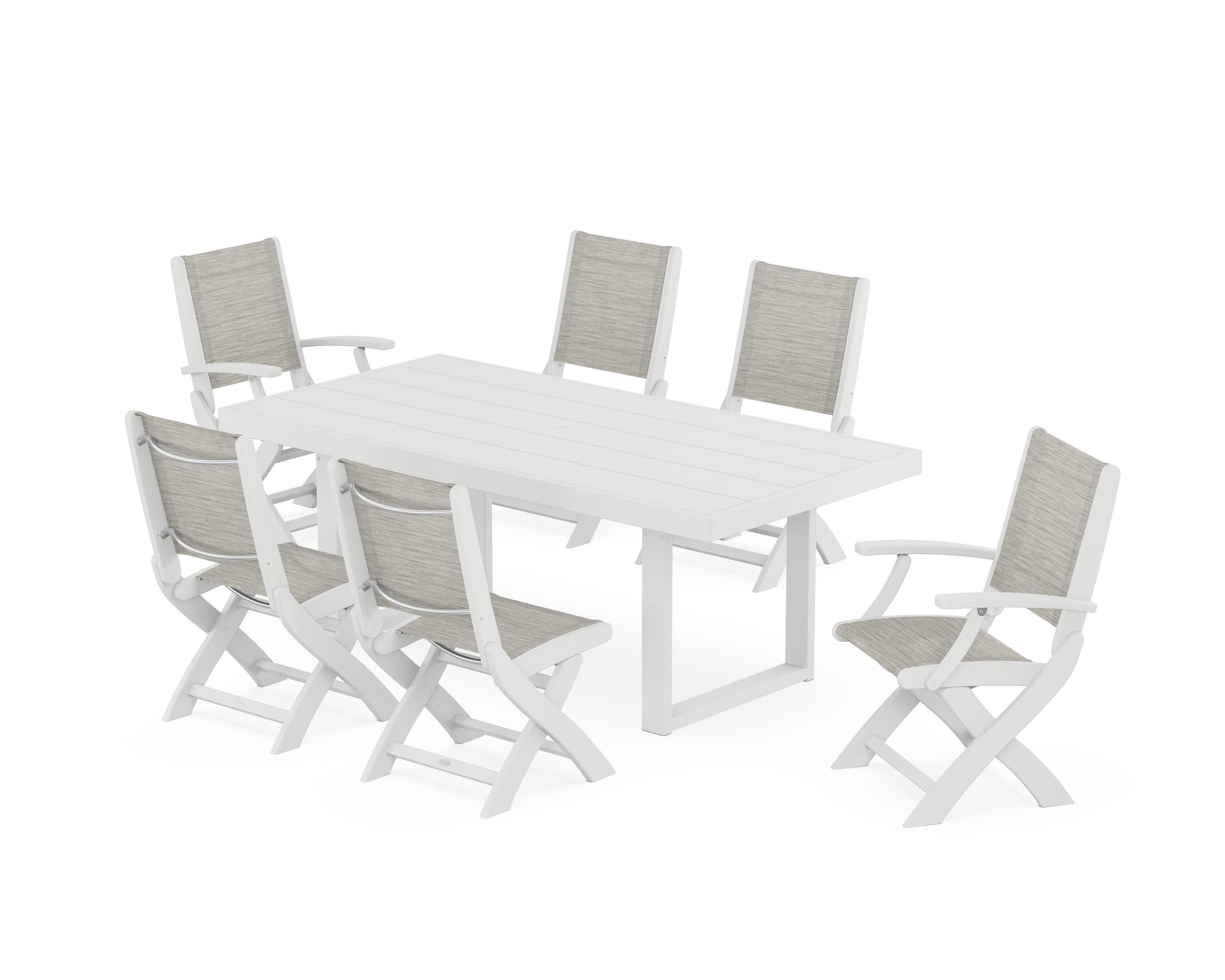 Coastal Folding Chair 7-Piece Dining Set with Trestle Legs in White / Birch Sling