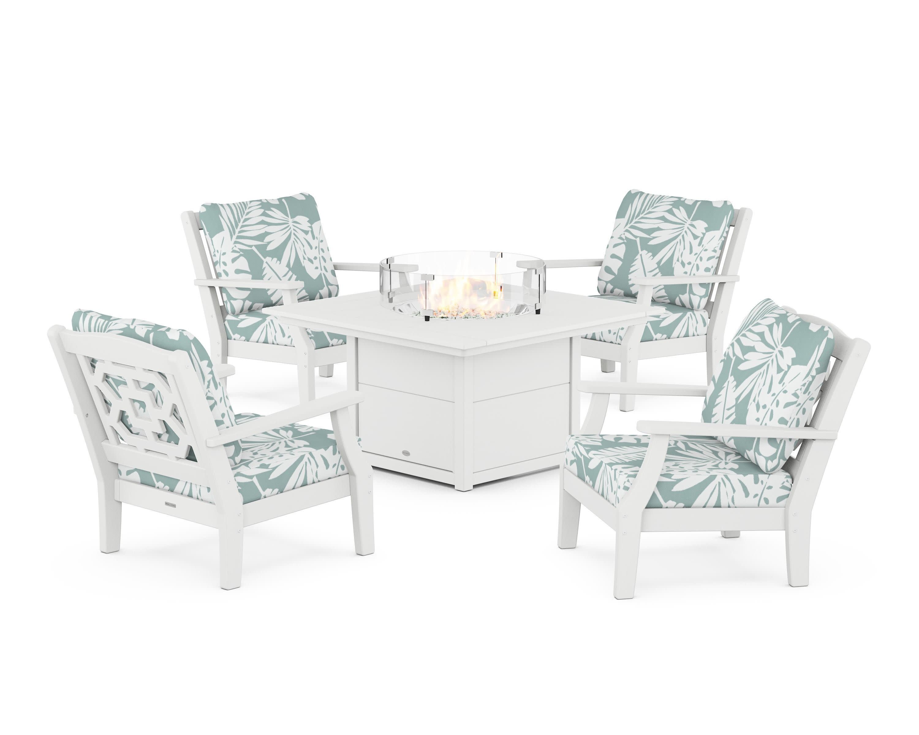 Chinoiserie 5-Piece Deep Seating Set with Fire Pit Table in White / Leaf Glacier Spa