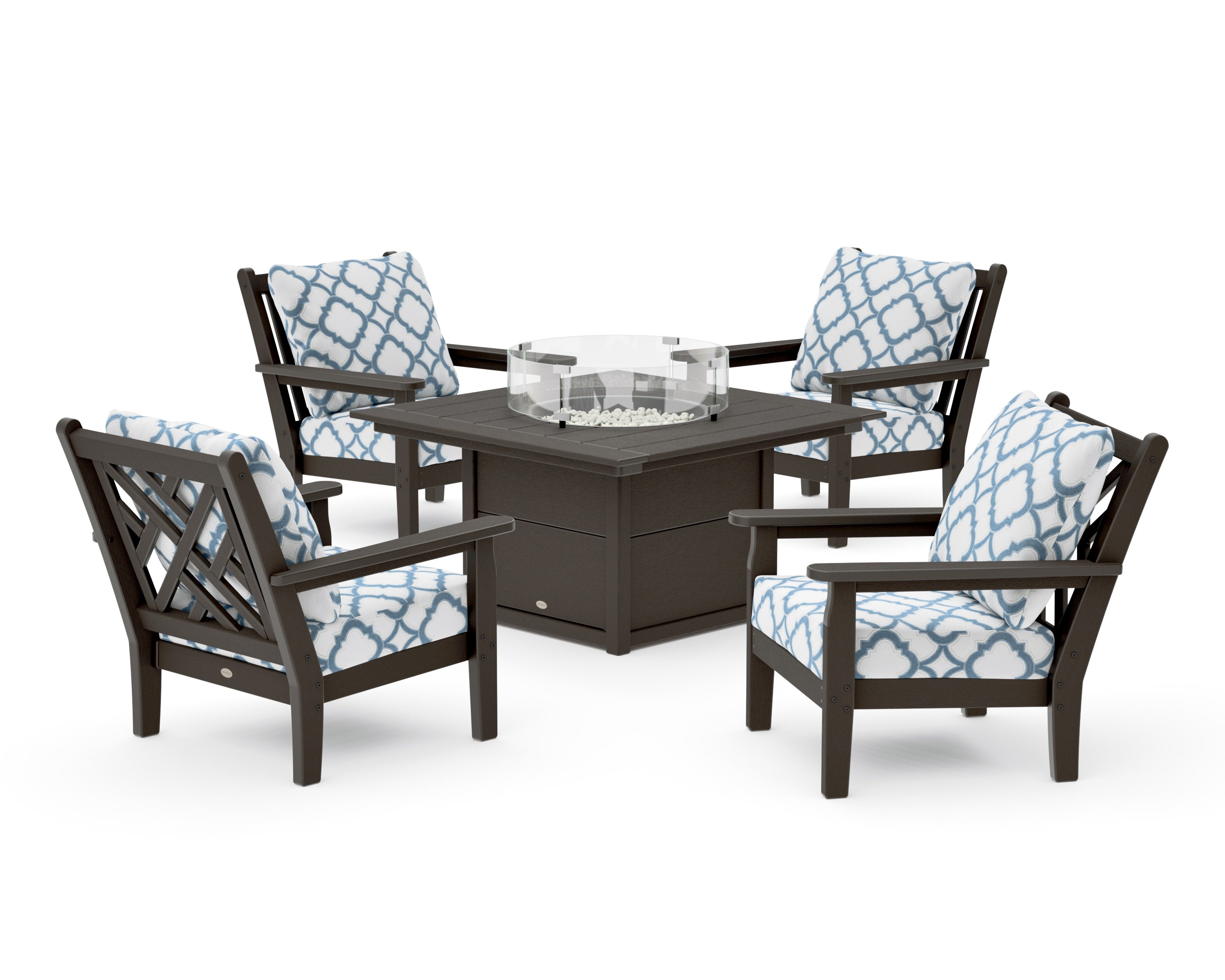 Chippendale 5-Piece Deep Seating Set with Fire Pit Table in Vintage Coffee / Trellis Sky Blue
