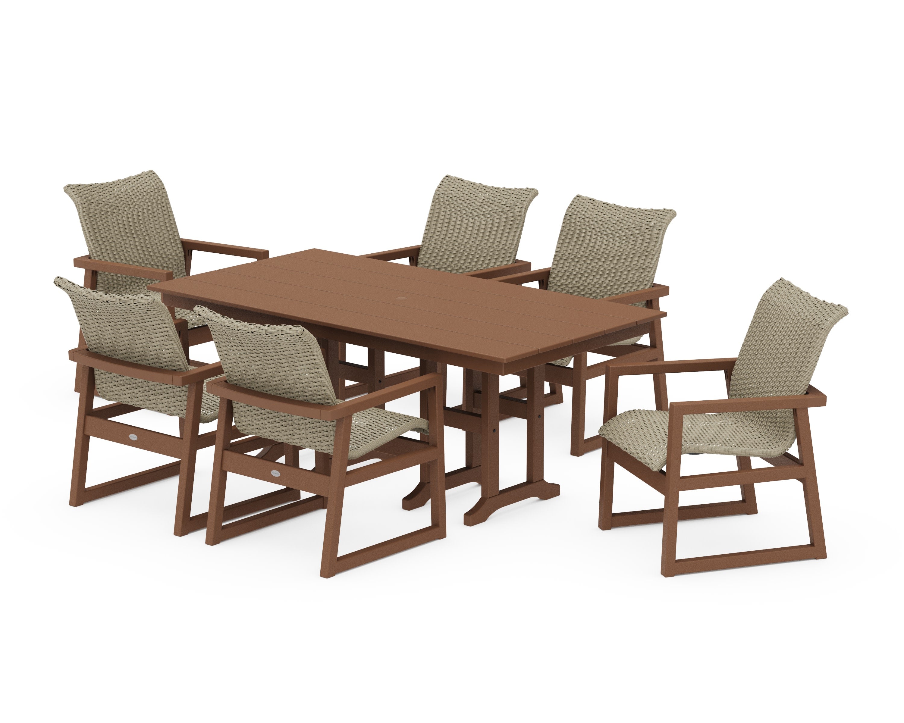 EDGE Woven Arm Chair 7-Piece Farmhouse Dining Set in Teak / Dune Grass