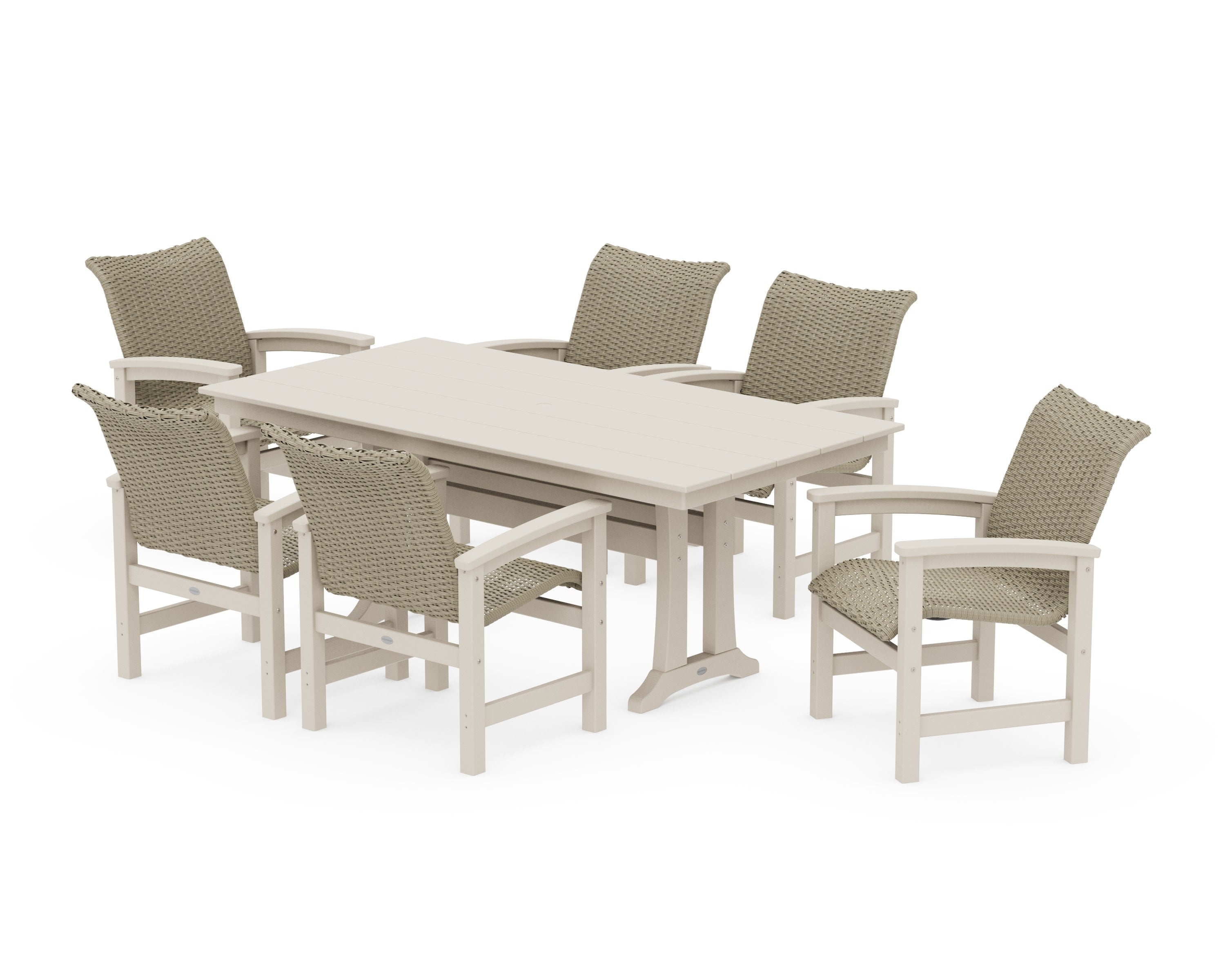 Coastal Woven Arm Chair 7-Piece Farmhouse Dining Set with Trestle Legs in Sand / Dune Grass