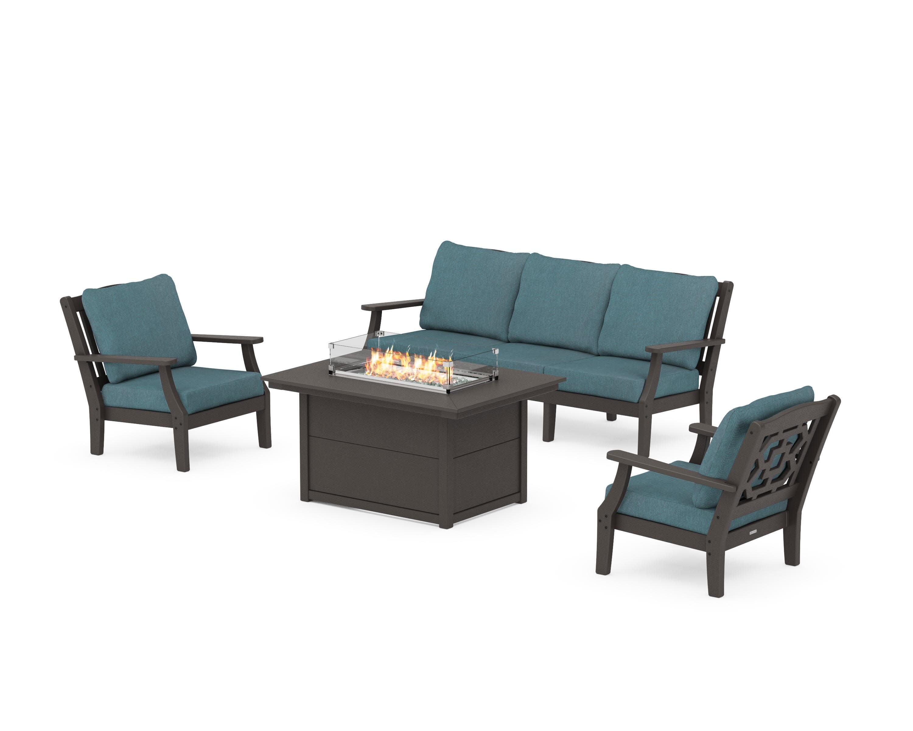 Chinoiserie Deep Seating Fire Pit Table Set in Vintage Coffee / Ocean Teal