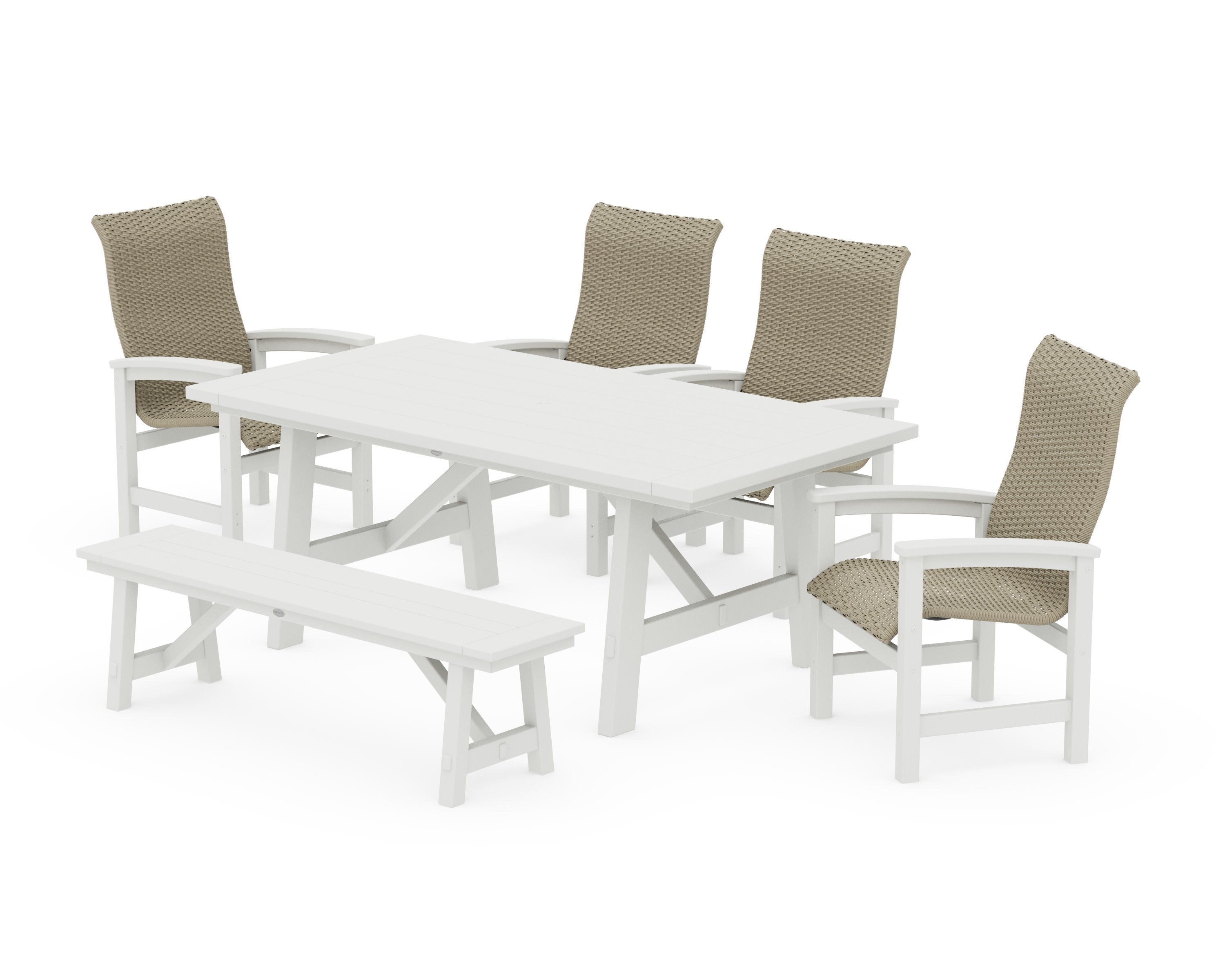 Coastal Woven High-Back 6-Piece Rustic Farmhouse Dining Set with Bench in White / Dune Grass