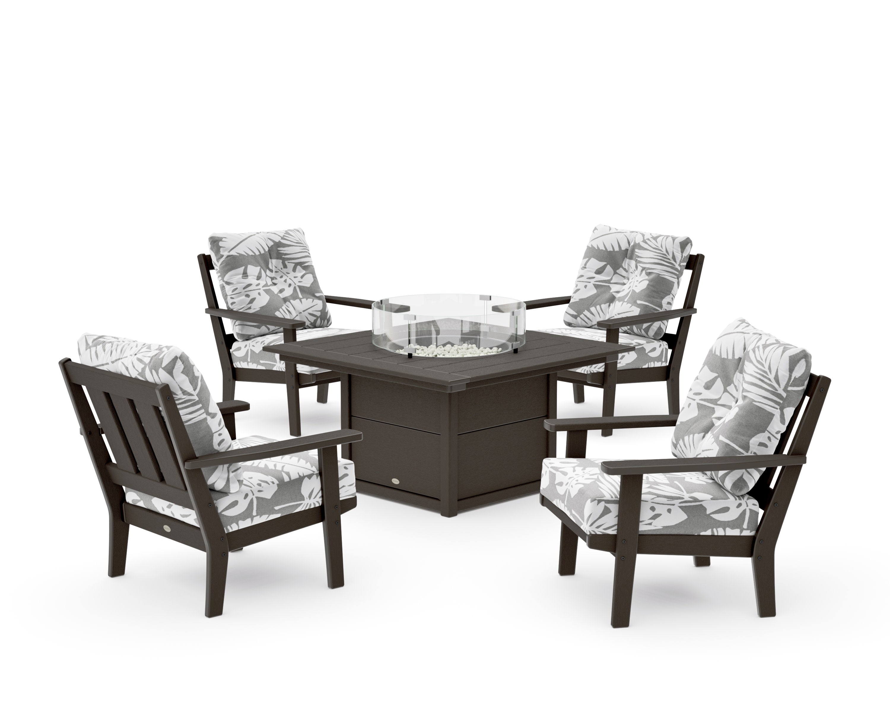 Oxford 5-Piece Deep Seating Set with Fire Pit Table in Vintage Coffee / Leaf Grey Mist
