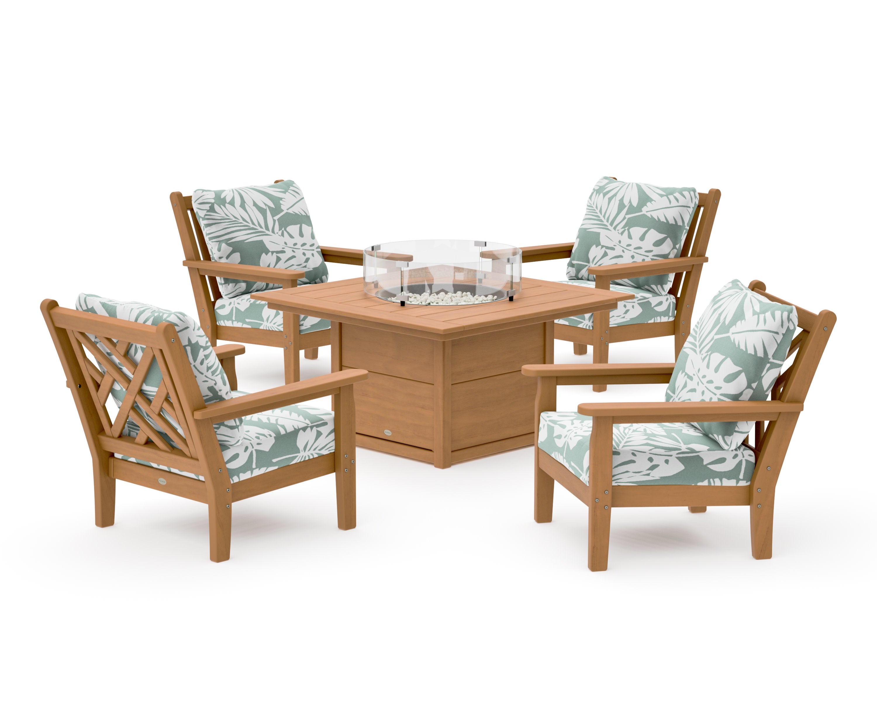 Chippendale 5-Piece Deep Seating Set with Fire Pit Table in Natural / Leaf Glacier Spa