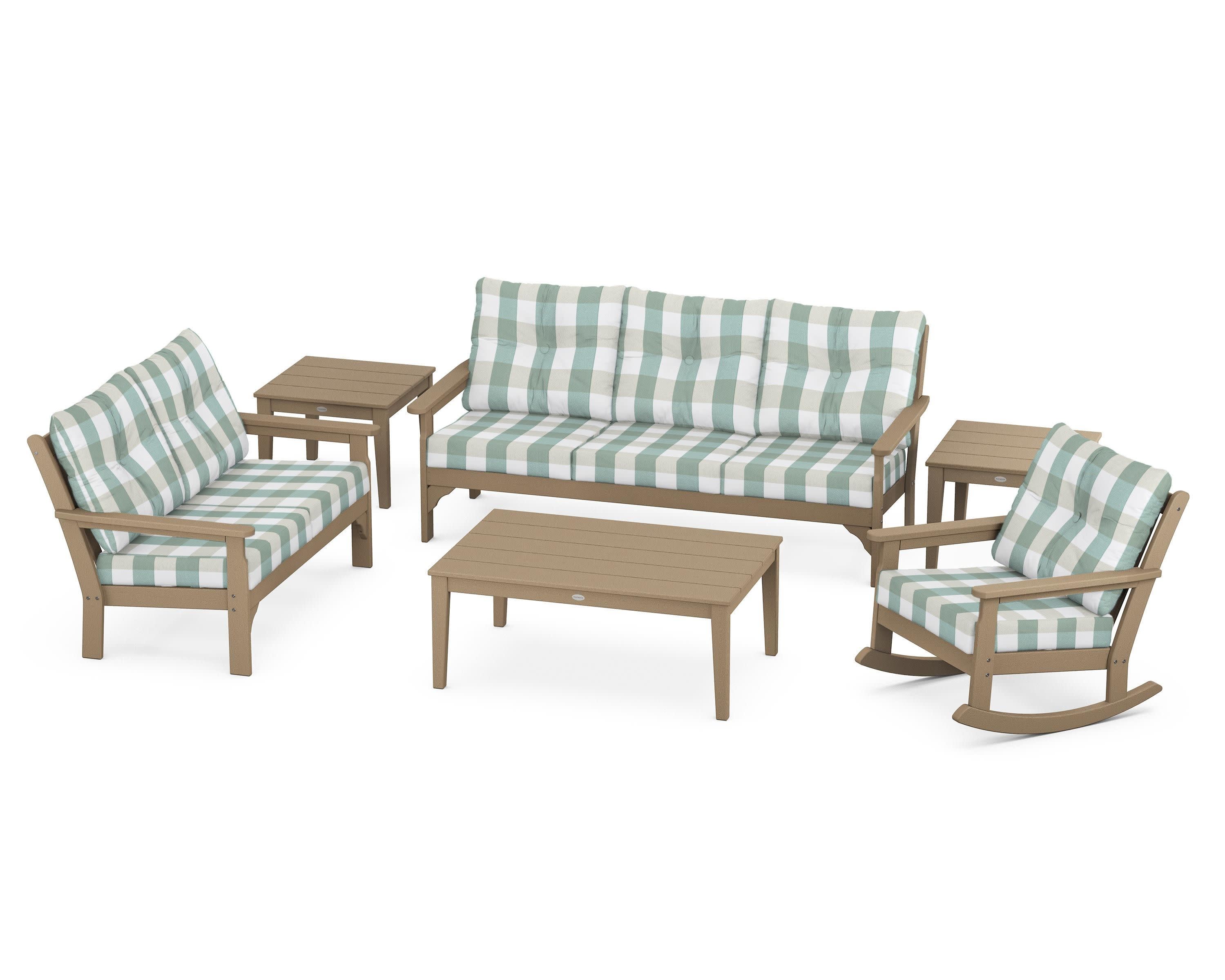 Vineyard 6-Piece Deep Seating Set in Vintage Sahara / Buffalo Plaid Glacier Spa