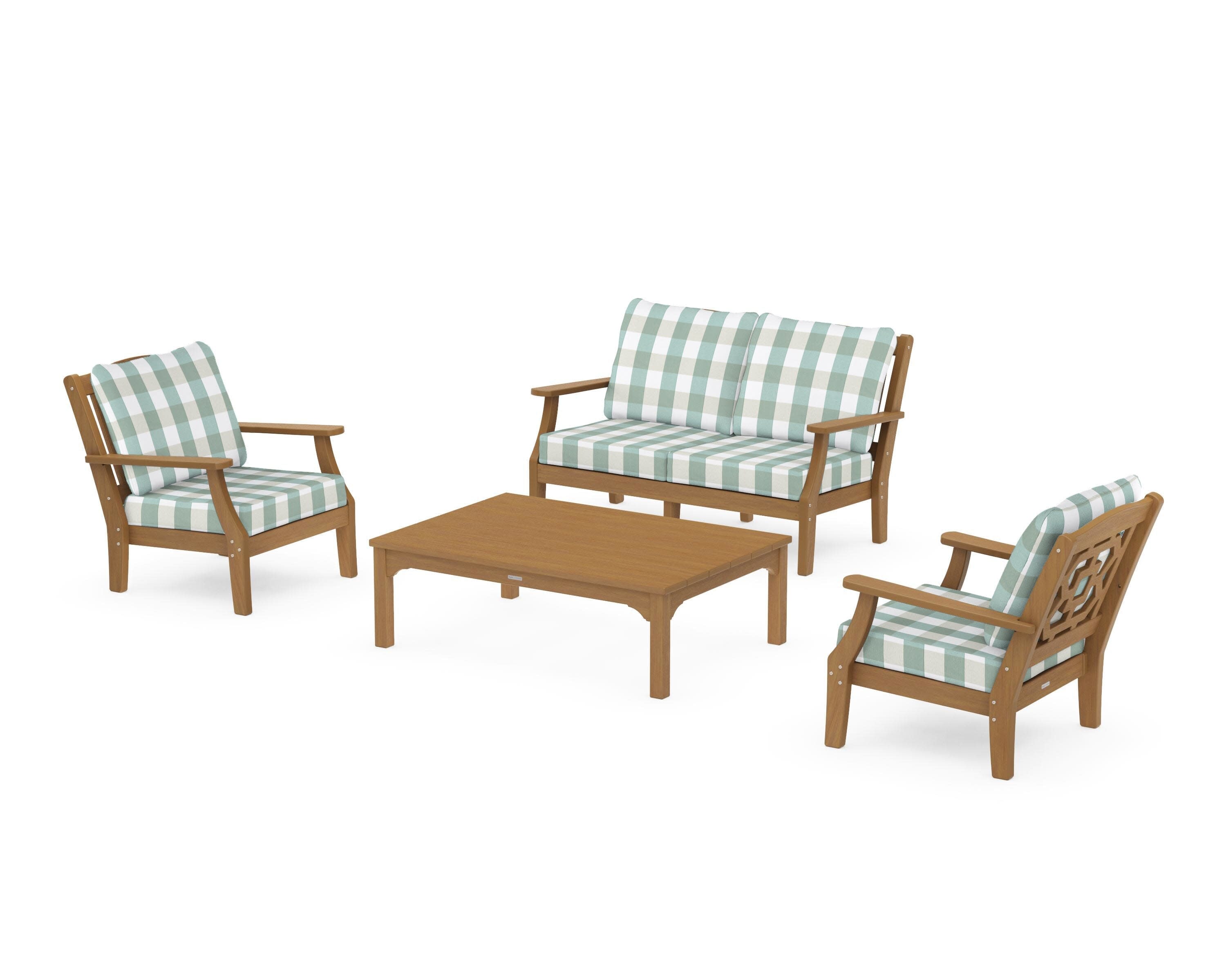 Chinoiserie 4-Piece Deep Seating Set with Loveseat in Natural / Buffalo Plaid Glacier Spa