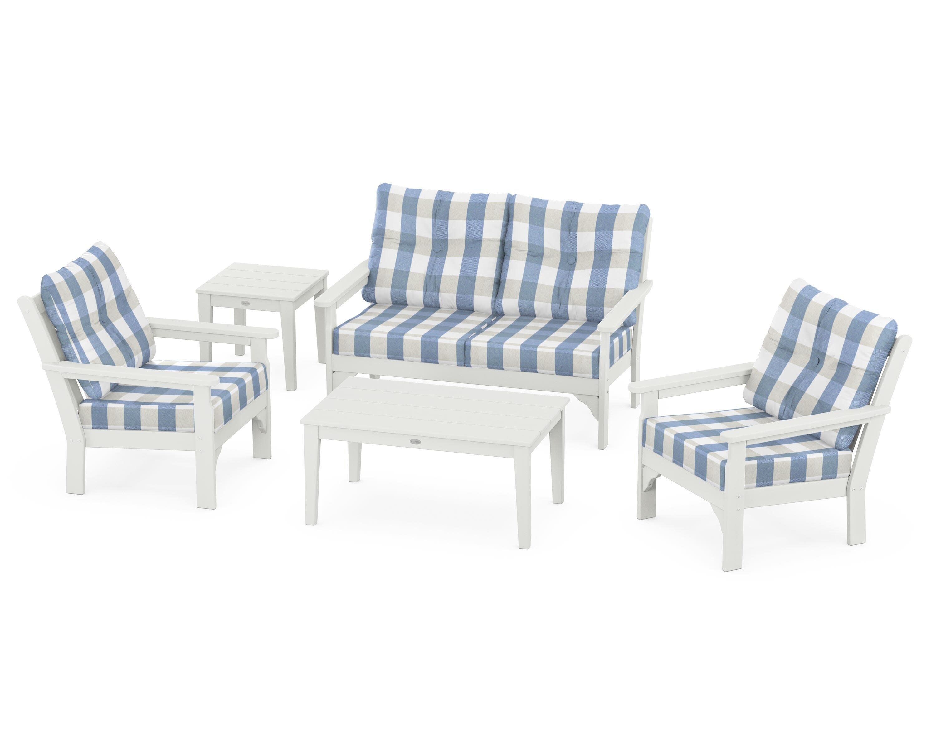 Vineyard 5-Piece Deep Seating Set in Vintage White / Buffalo Plaid Sky Blue