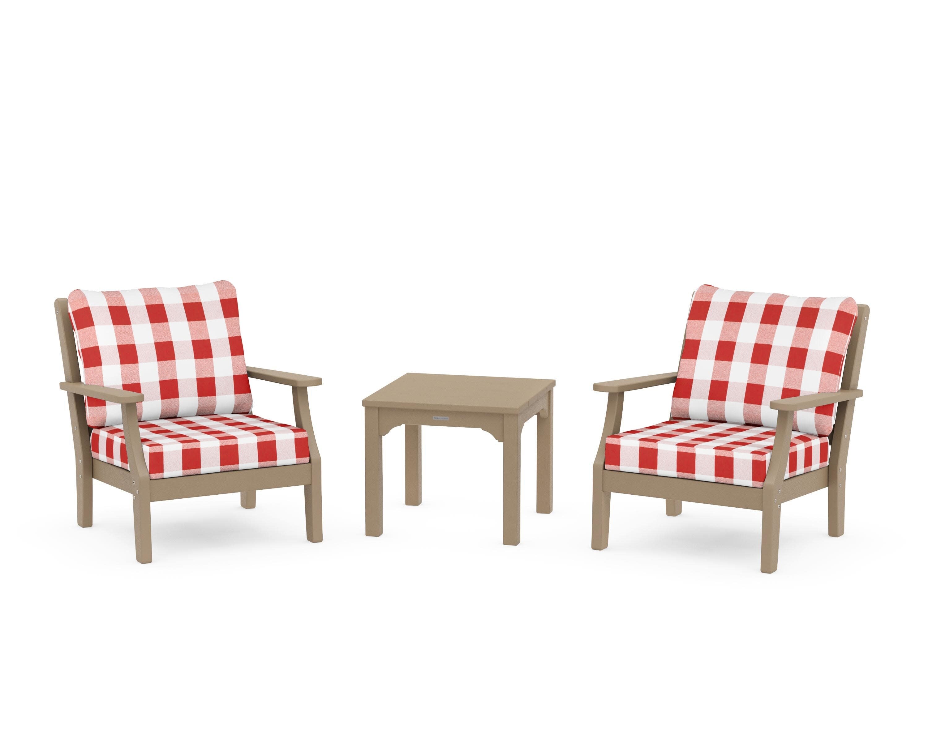 Chinoiserie 3-Piece Deep Seating Set in Vintage Sahara / Buffalo Plaid Crimson
