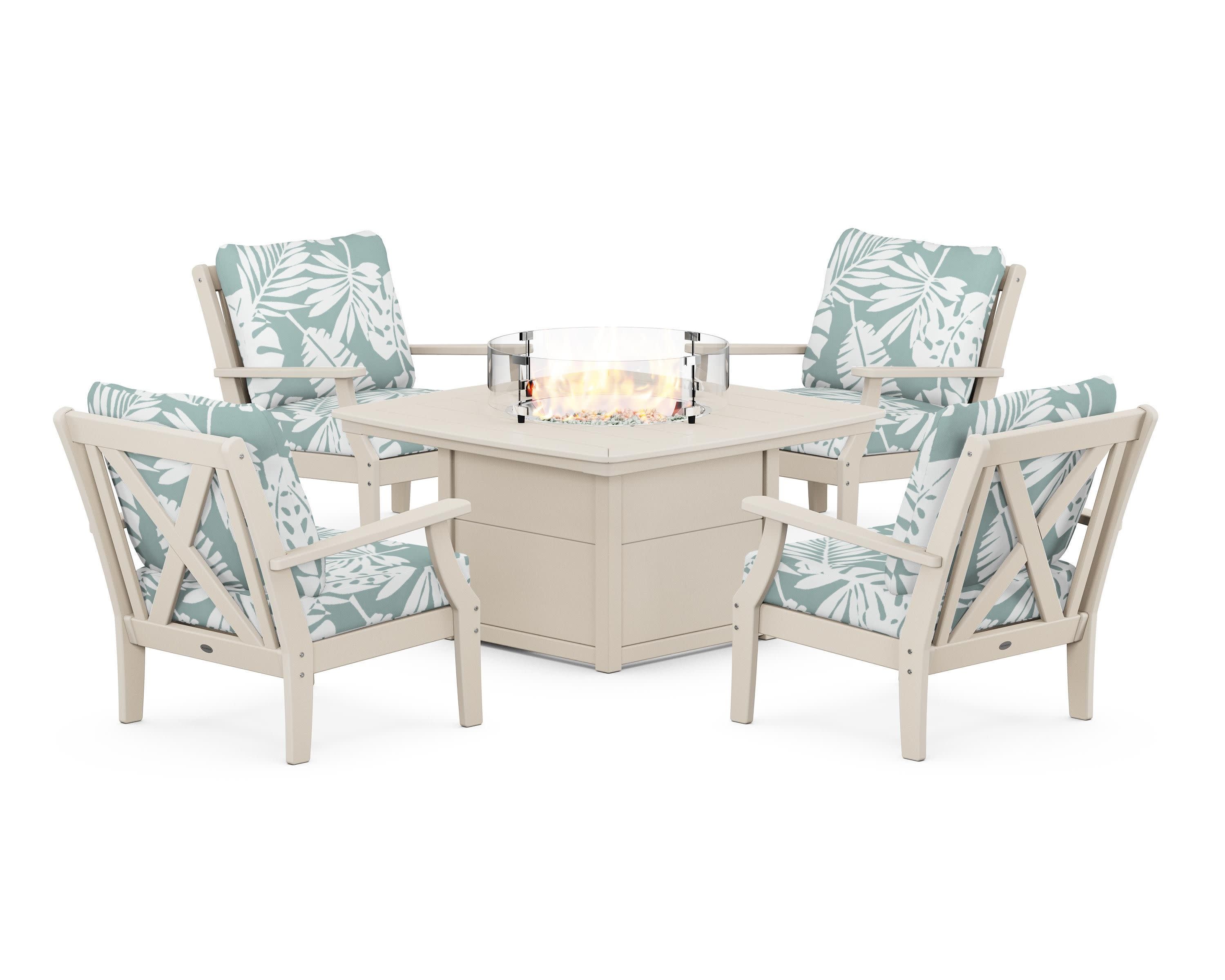 Braxton 5-Piece Deep Seating Conversation Set with Fire Pit Table in Sand / Leaf Glacier Spa
