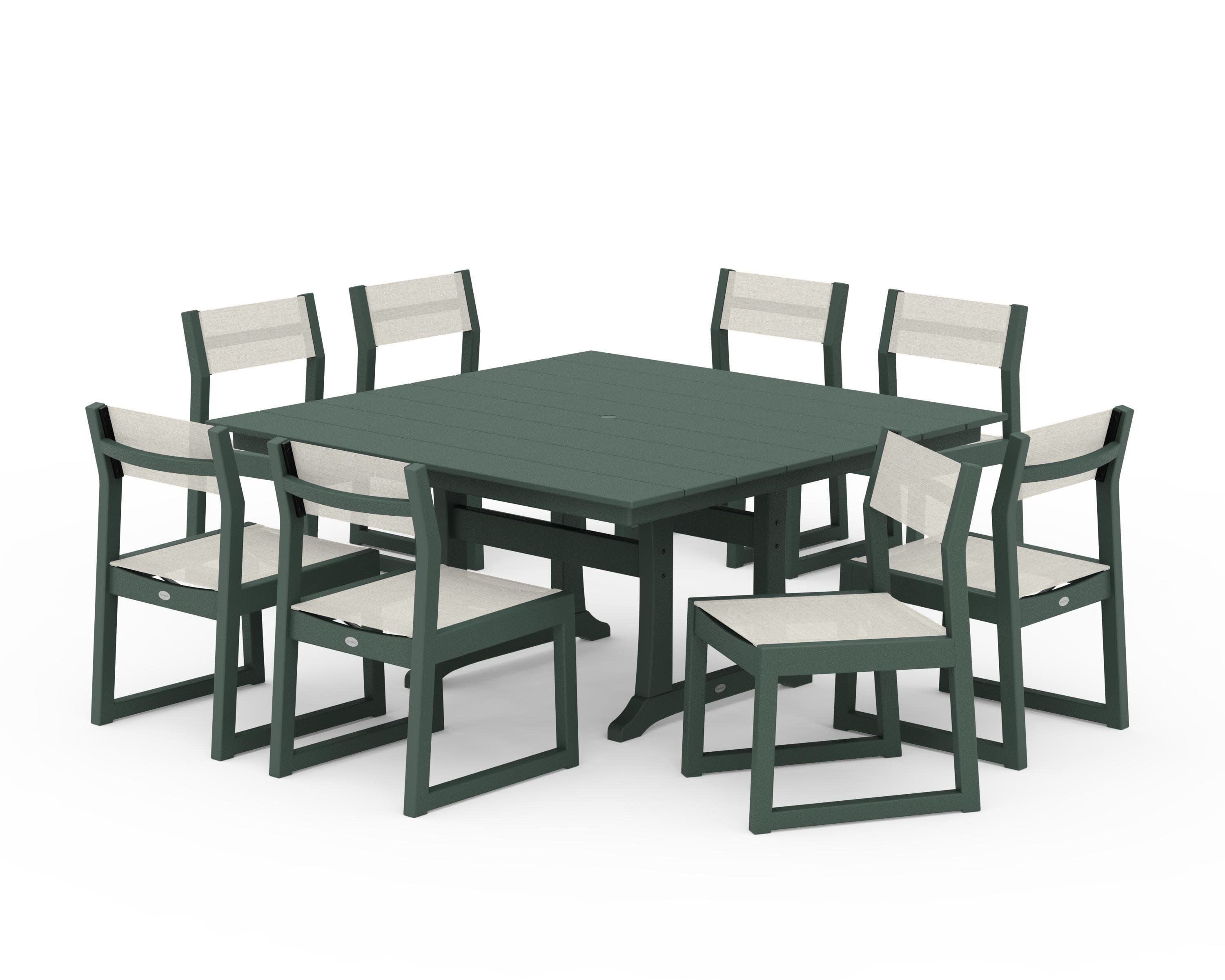 EDGE Sling Side Chair 9-Piece Farmhouse Trestle Dining Set in Green / Parchment Sling