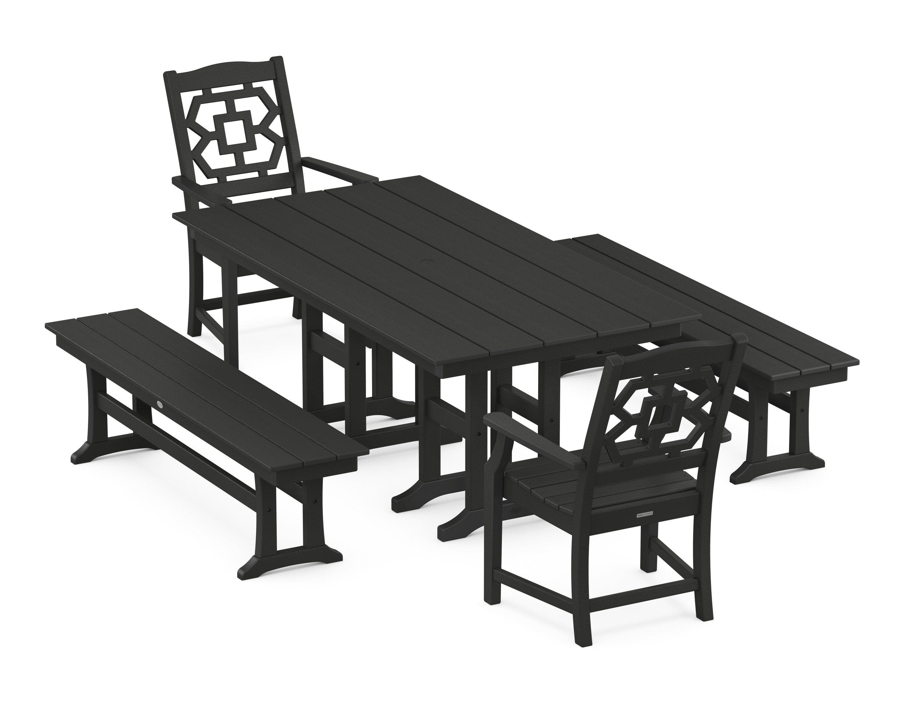 Chinoiserie 5-Piece Farmhouse Dining Set with Benches in Black
