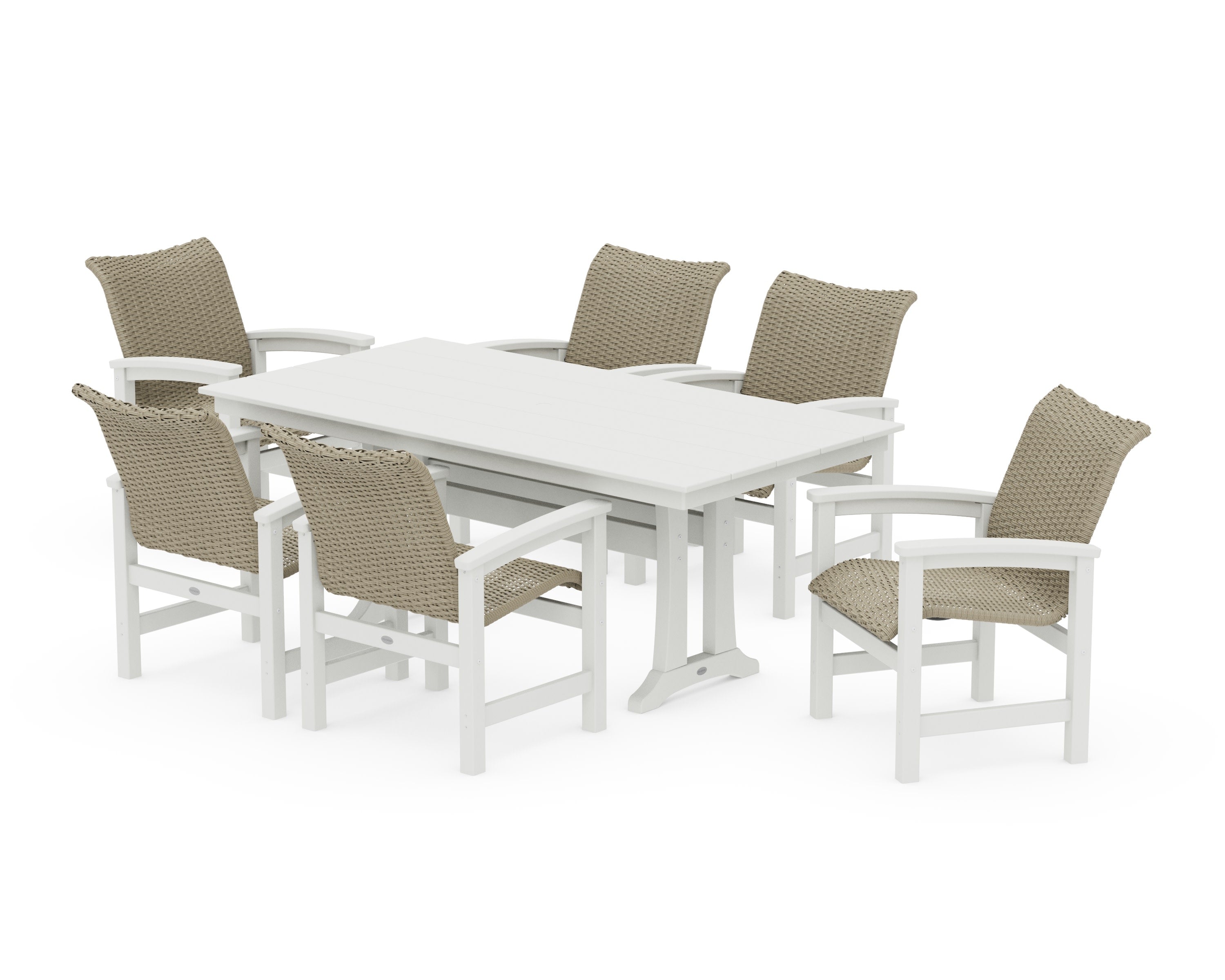 Coastal Woven Arm Chair 7-Piece Farmhouse Dining Set with Trestle Legs in White / Dune Grass