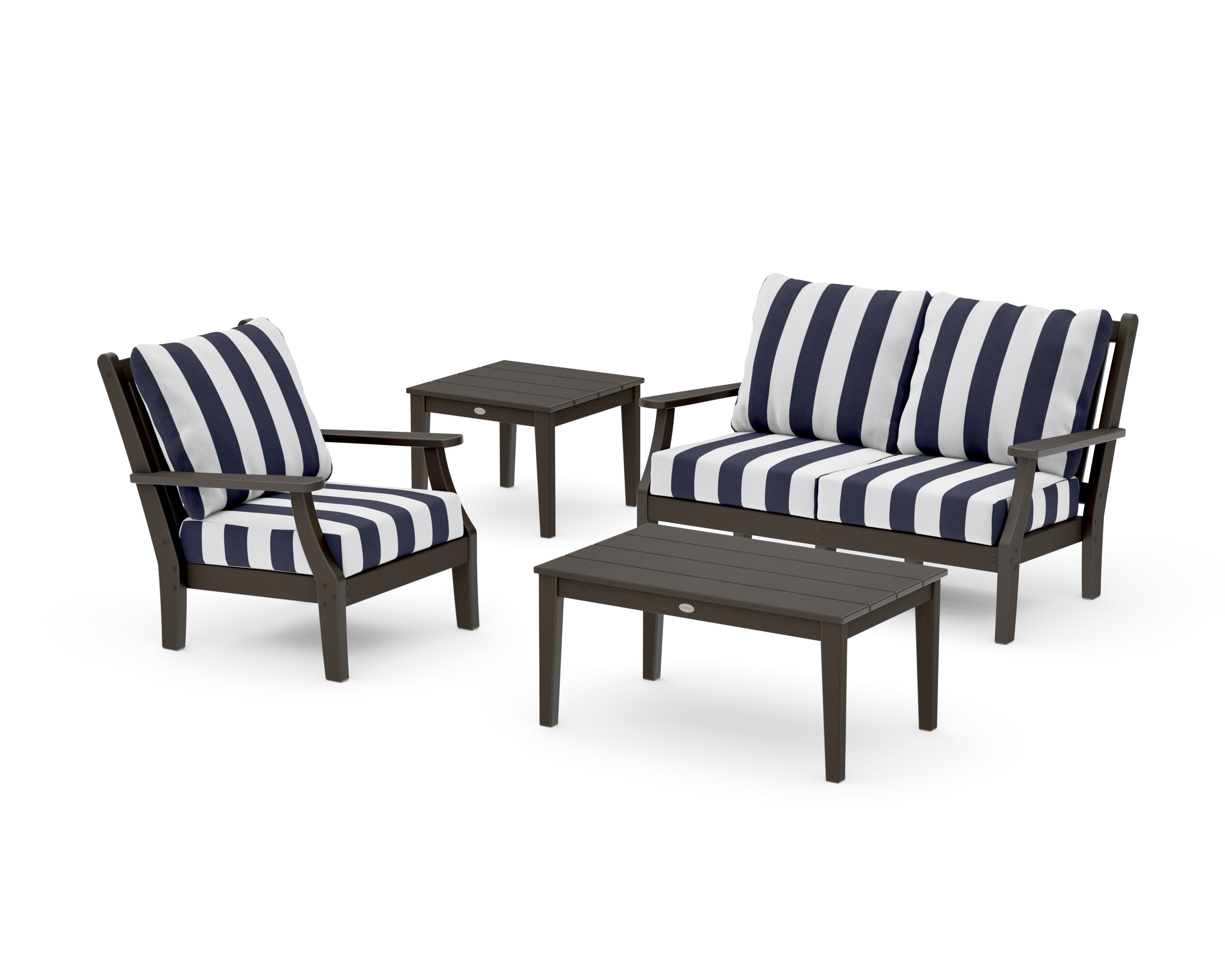 Wovendale 4-Piece Deep Seating Set in Vintage Coffee / Cabana Stripe Navy