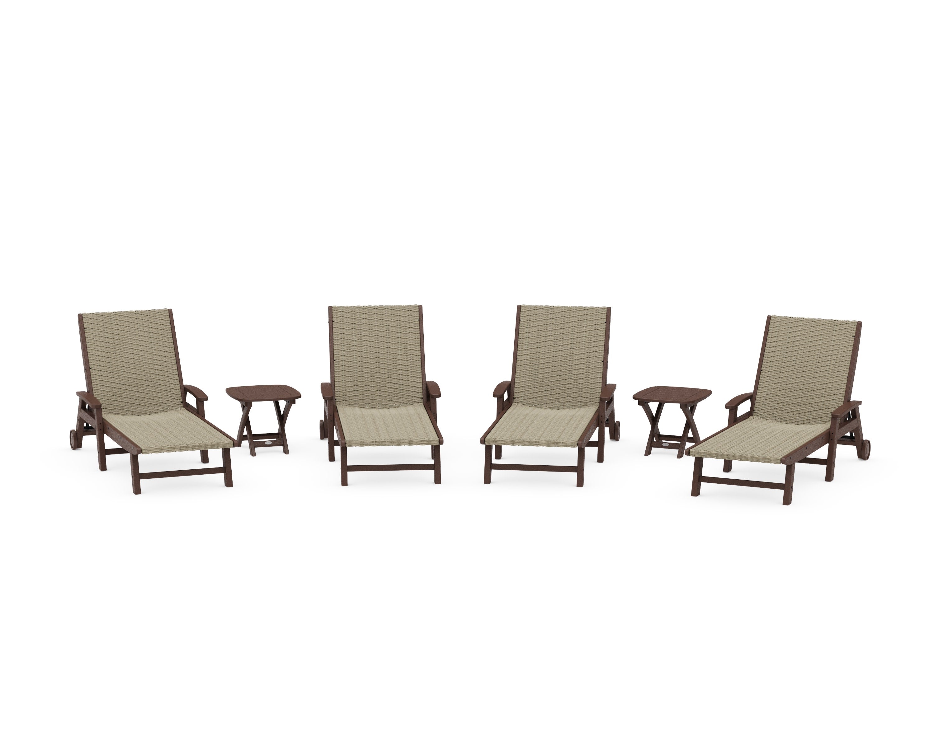 6- Piece Coastal Woven Chaise with Arms and Wheels Chaise Lounge Set in Mahogany / Dune Grass