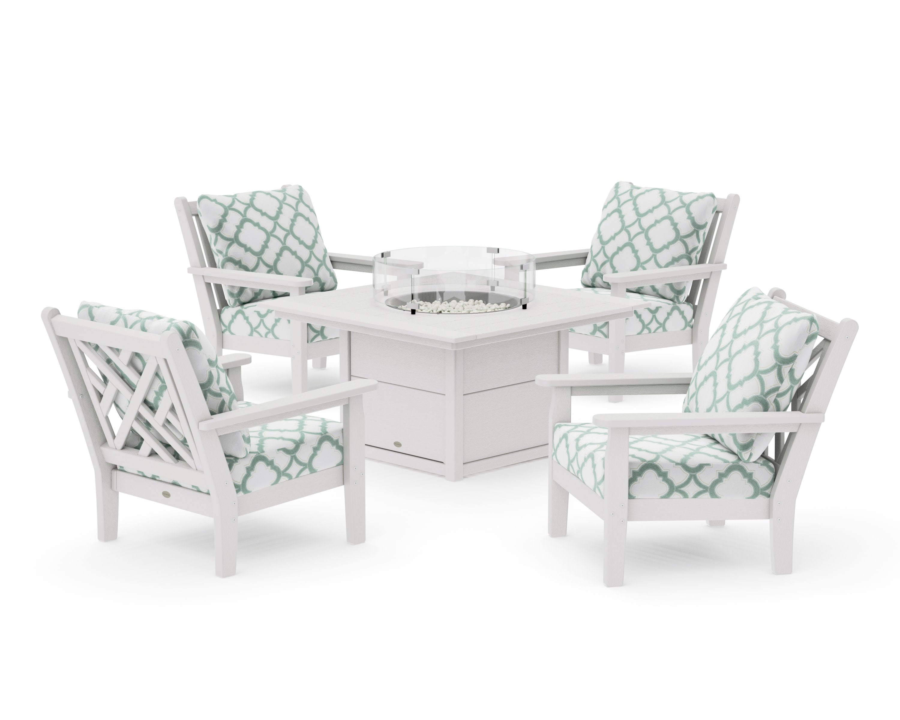 Chippendale 5-Piece Deep Seating Set with Fire Pit Table in Vintage White / Trellis Glacier Spa