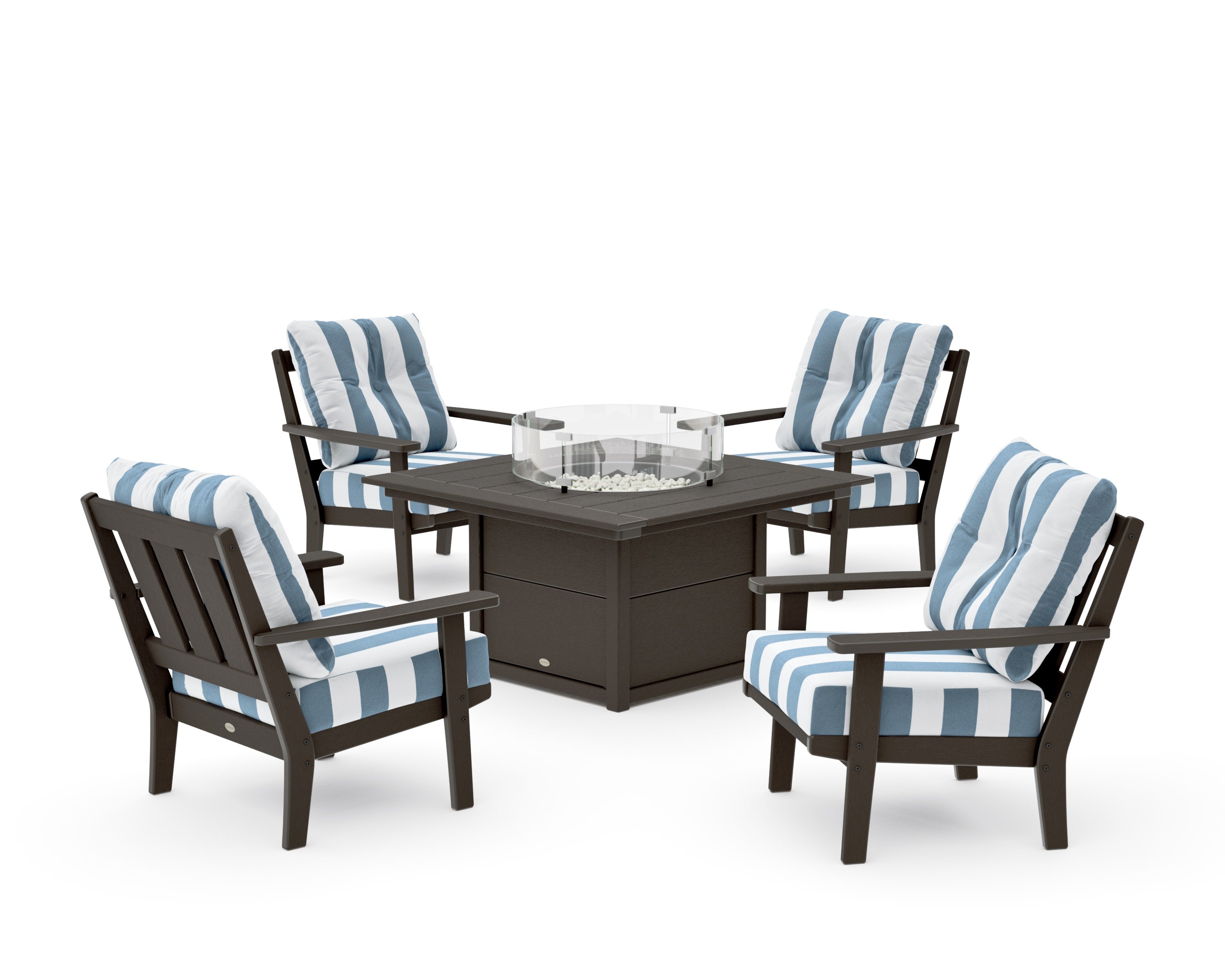 Oxford 5-Piece Deep Seating Set with Fire Pit Table in Vintage Coffee / Cabana Stripe Sky Blue