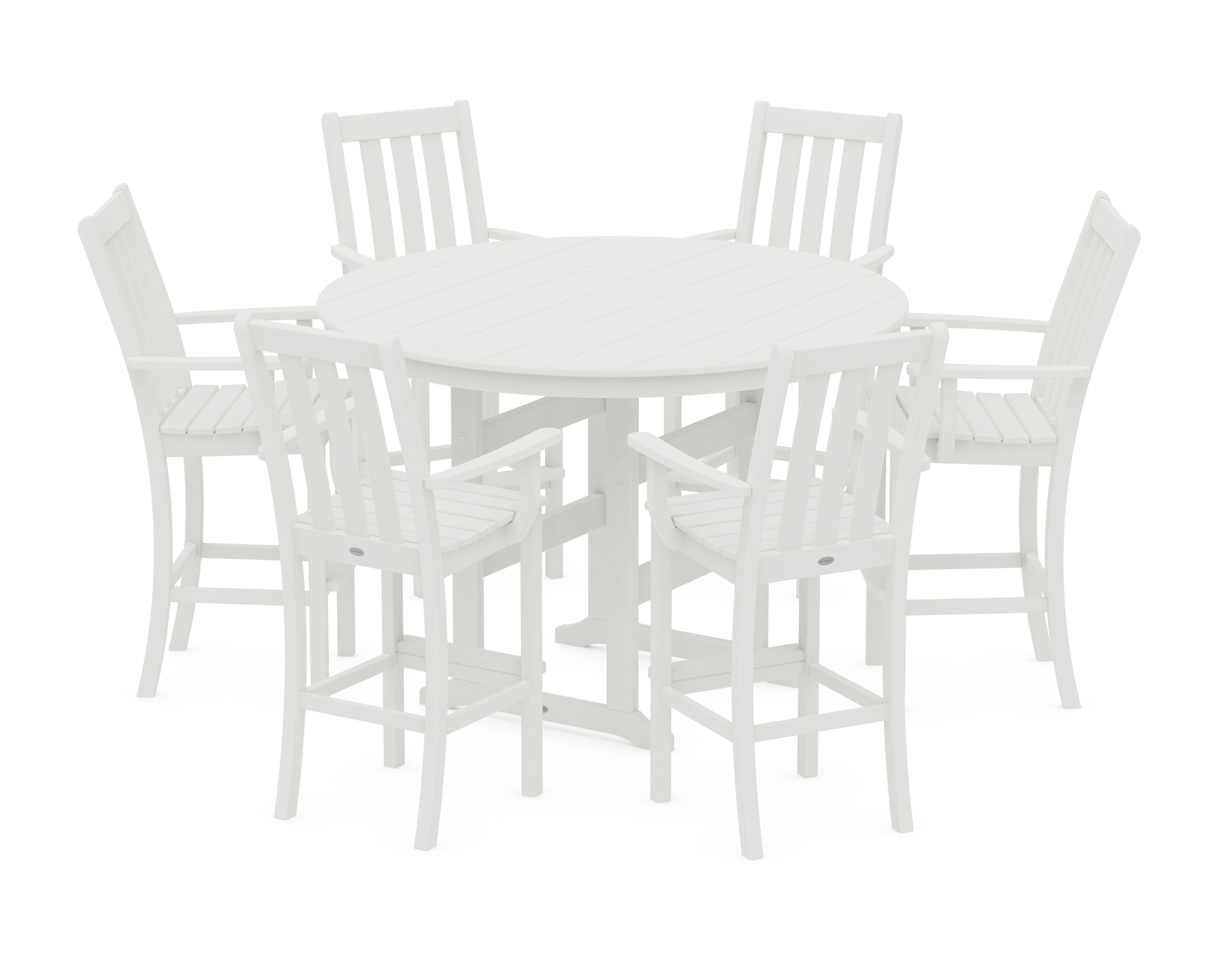 Vineyard 7-Piece Arm Chair Round Farmhouse Bar Set in Vintage White