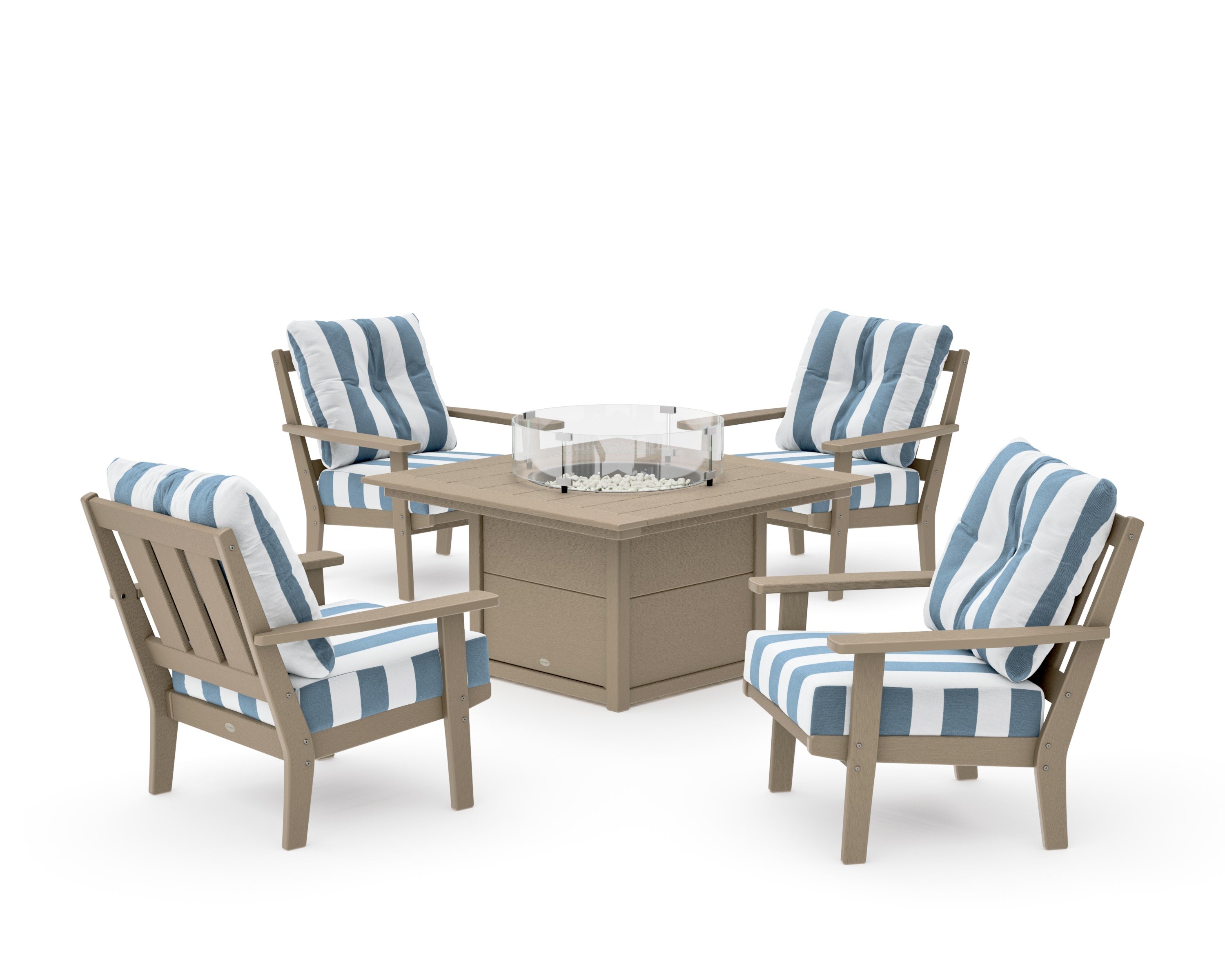 Oxford 5-Piece Deep Seating Set with Fire Pit Table in Vintage Sahara / Cabana Stripe Sky Blue