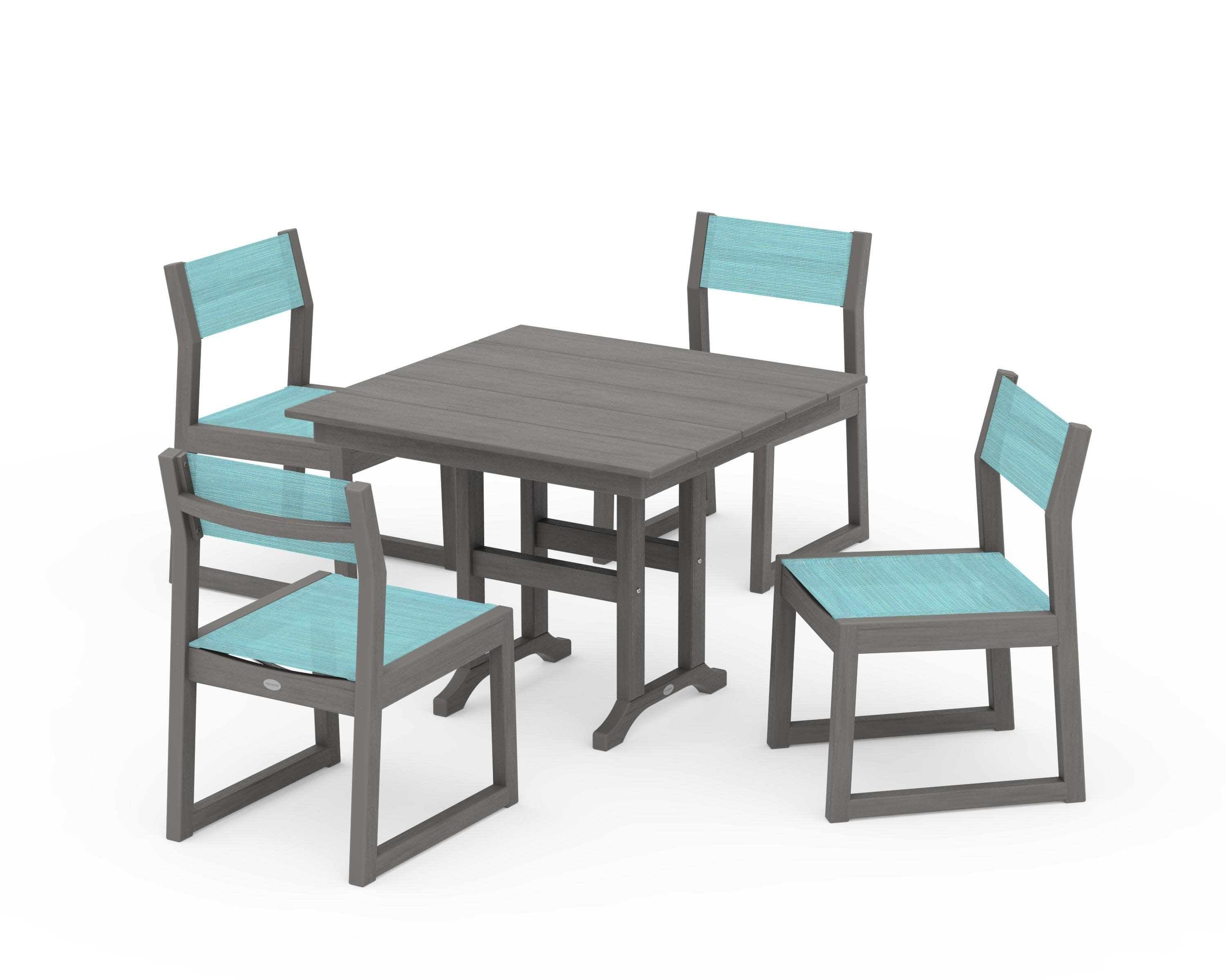 EDGE Sling Side Chair 5-Piece Farmhouse Dining Set in Driftwood / Dupioni Aquamarine Sling