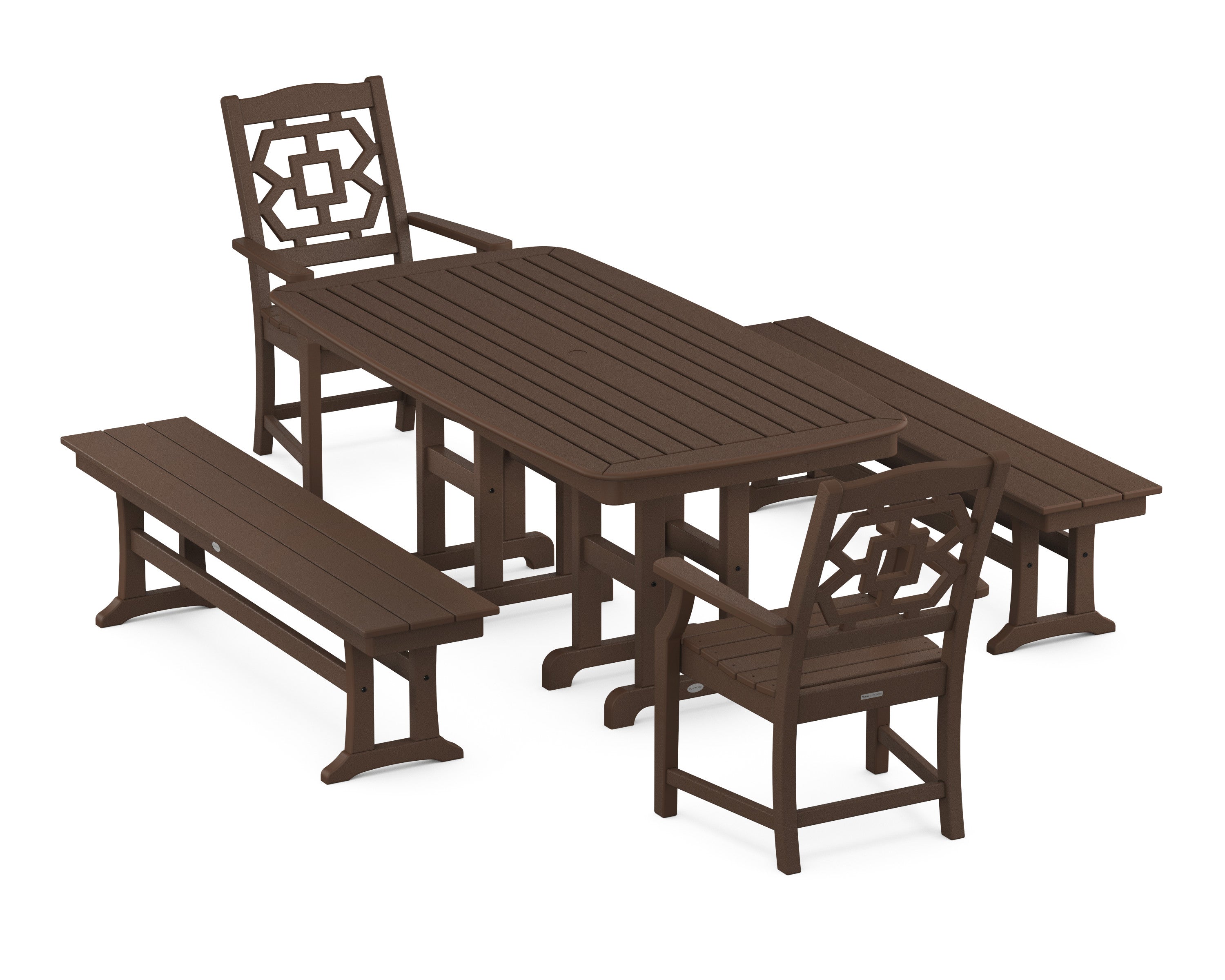 Chinoiserie 5-Piece Dining Set with Benches in Mahogany
