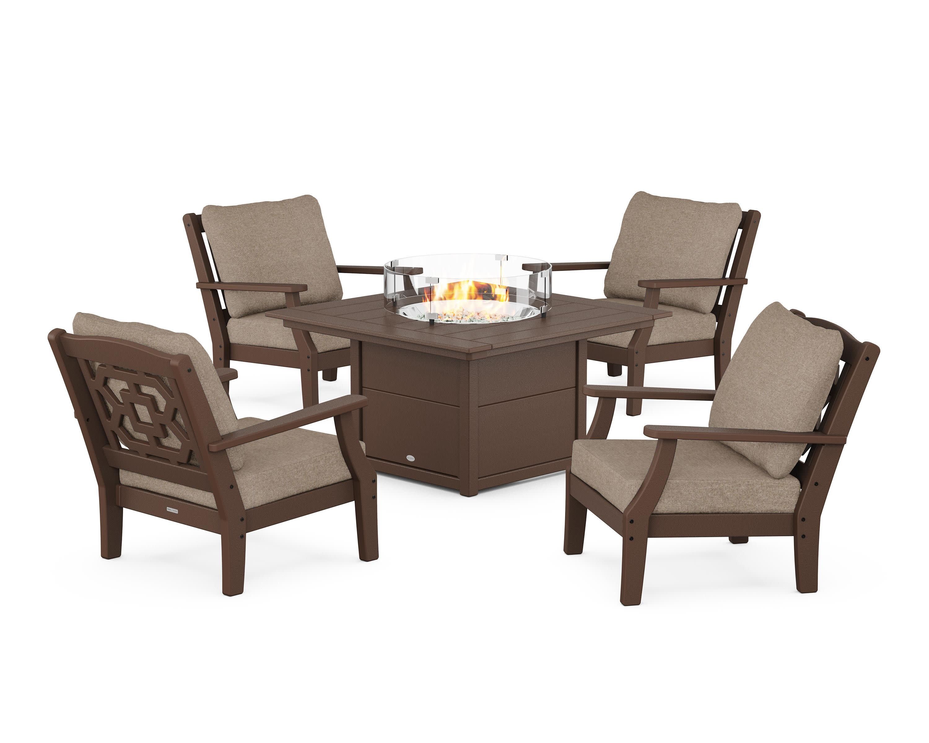 Chinoiserie 5-Piece Deep Seating Set with Fire Pit Table in Mahogany / Spiced Burlap
