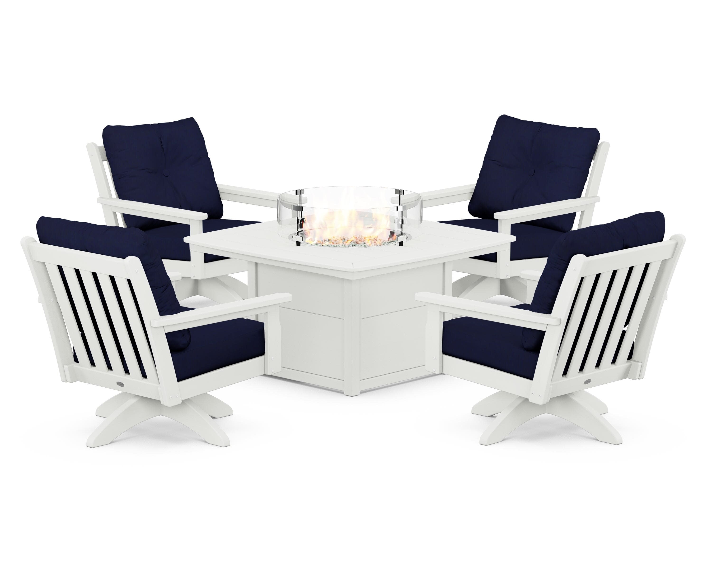 Vineyard 5-Piece Deep Seating Swivel Conversation Set with Fire Pit Table in Vintage White / Navy