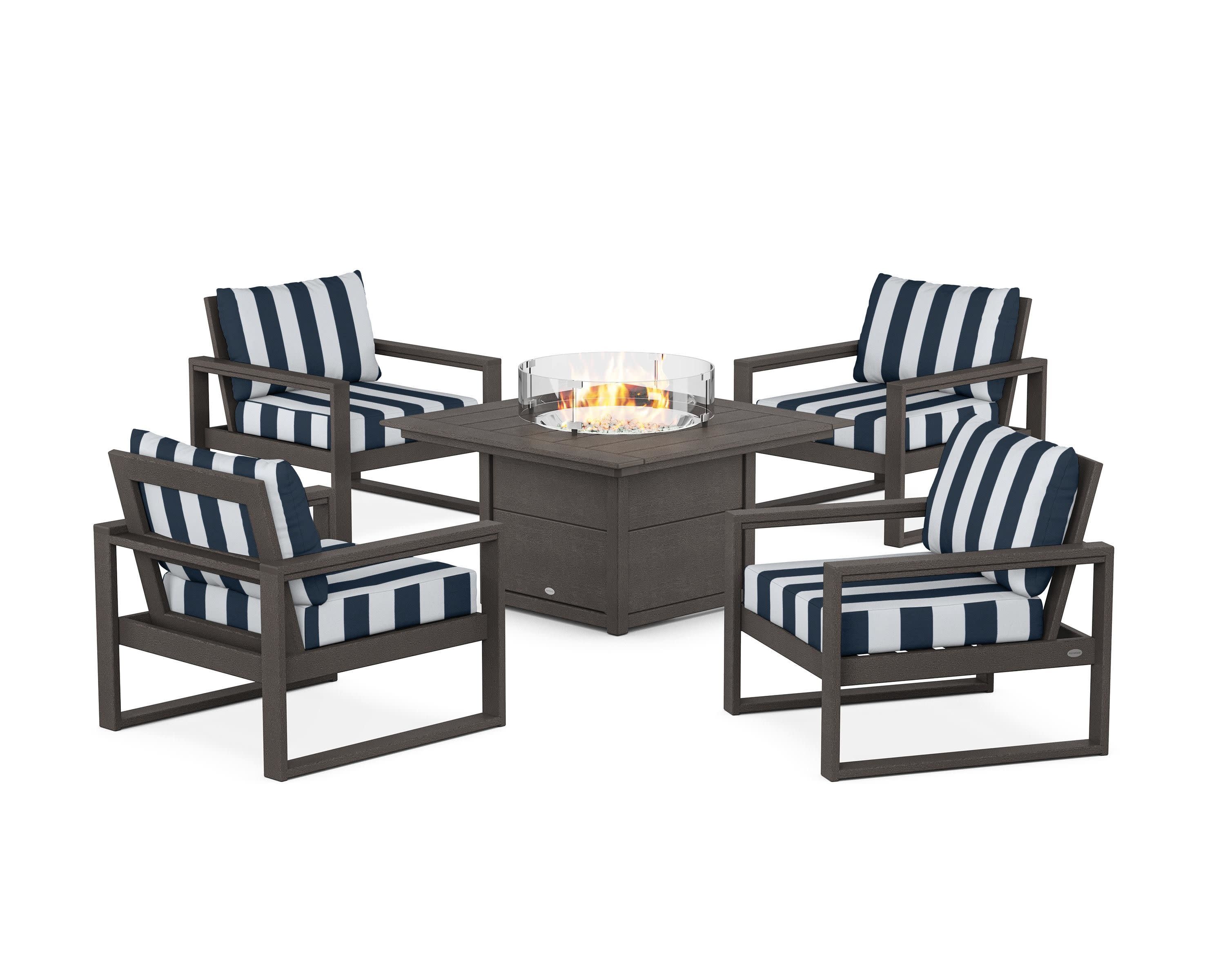 EDGE Sectional 5-Piece Deep Seating Set with Fire Pit Table in Vintage Coffee / Cabana Stripe Marine Indigo