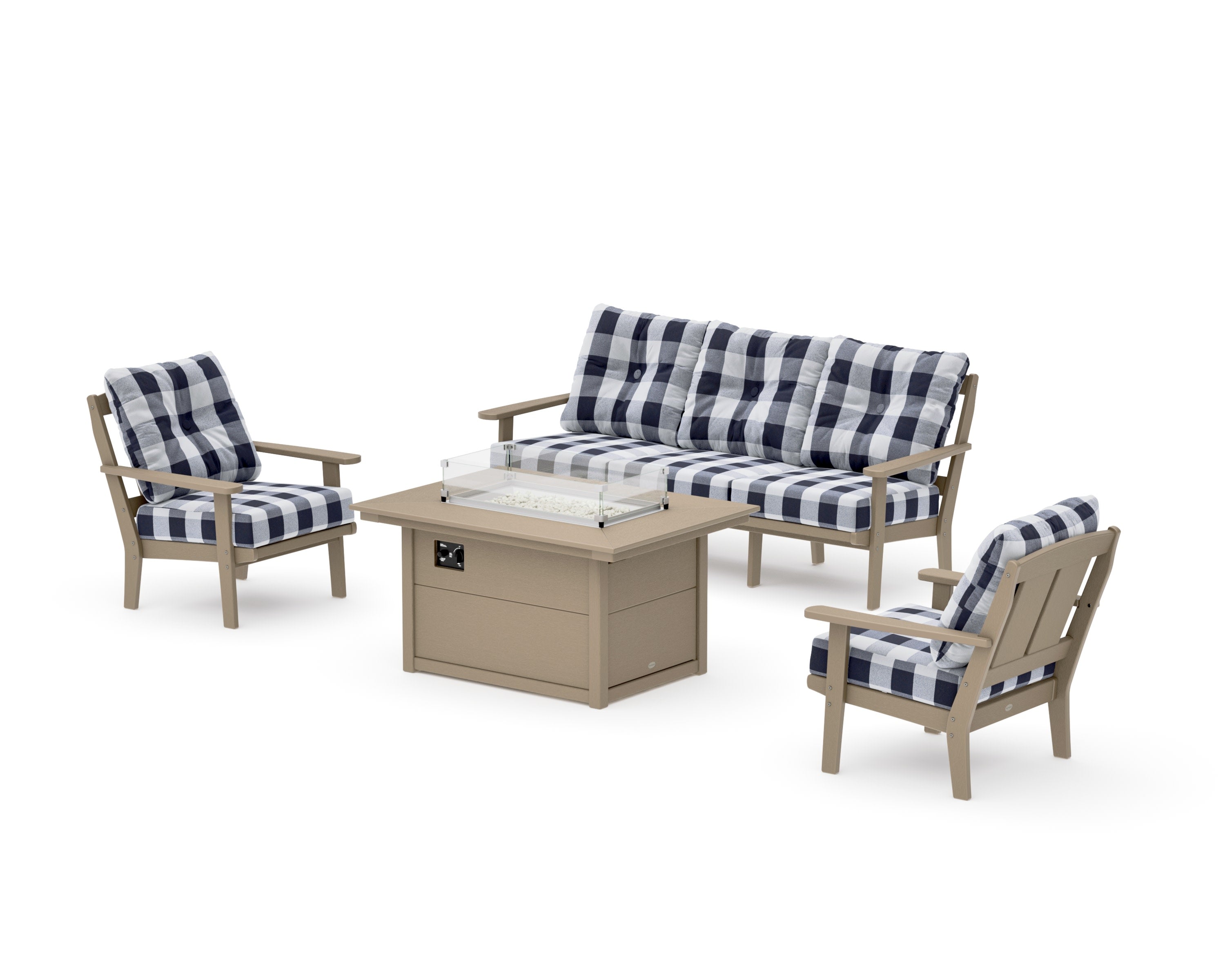 Mission Deep Seating Fire Pit Table Set in Vintage Sahara / Buffalo Plaid Navy