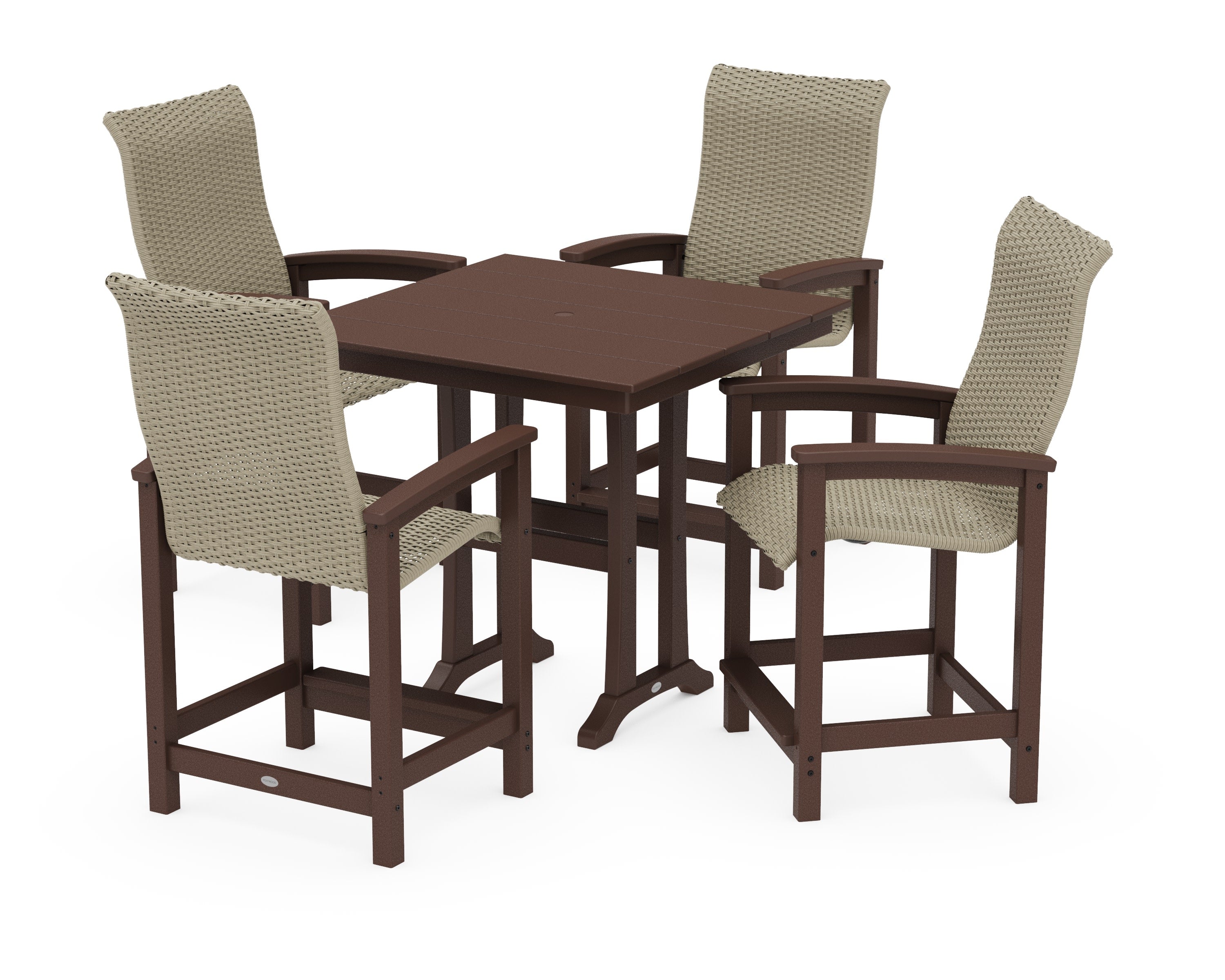 Coastal Woven High-Back 5-Piece Farmhouse Counter Set with Trestle Legs in Mahogany / Dune Grass