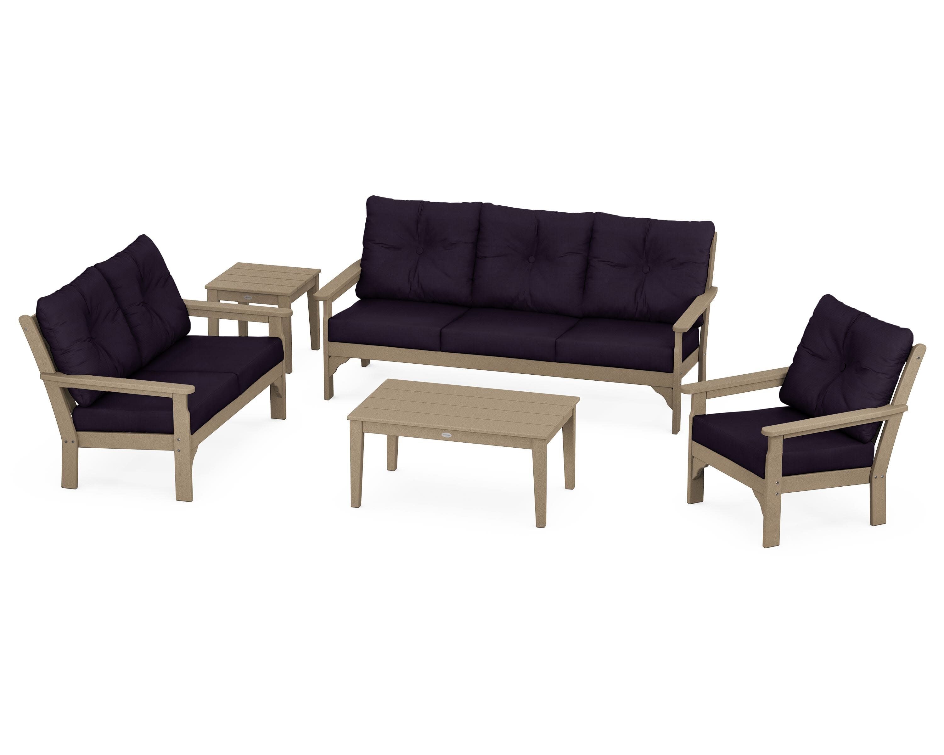Vineyard 5 Piece Deep Seating Set in Vintage Sahara / Navy Linen