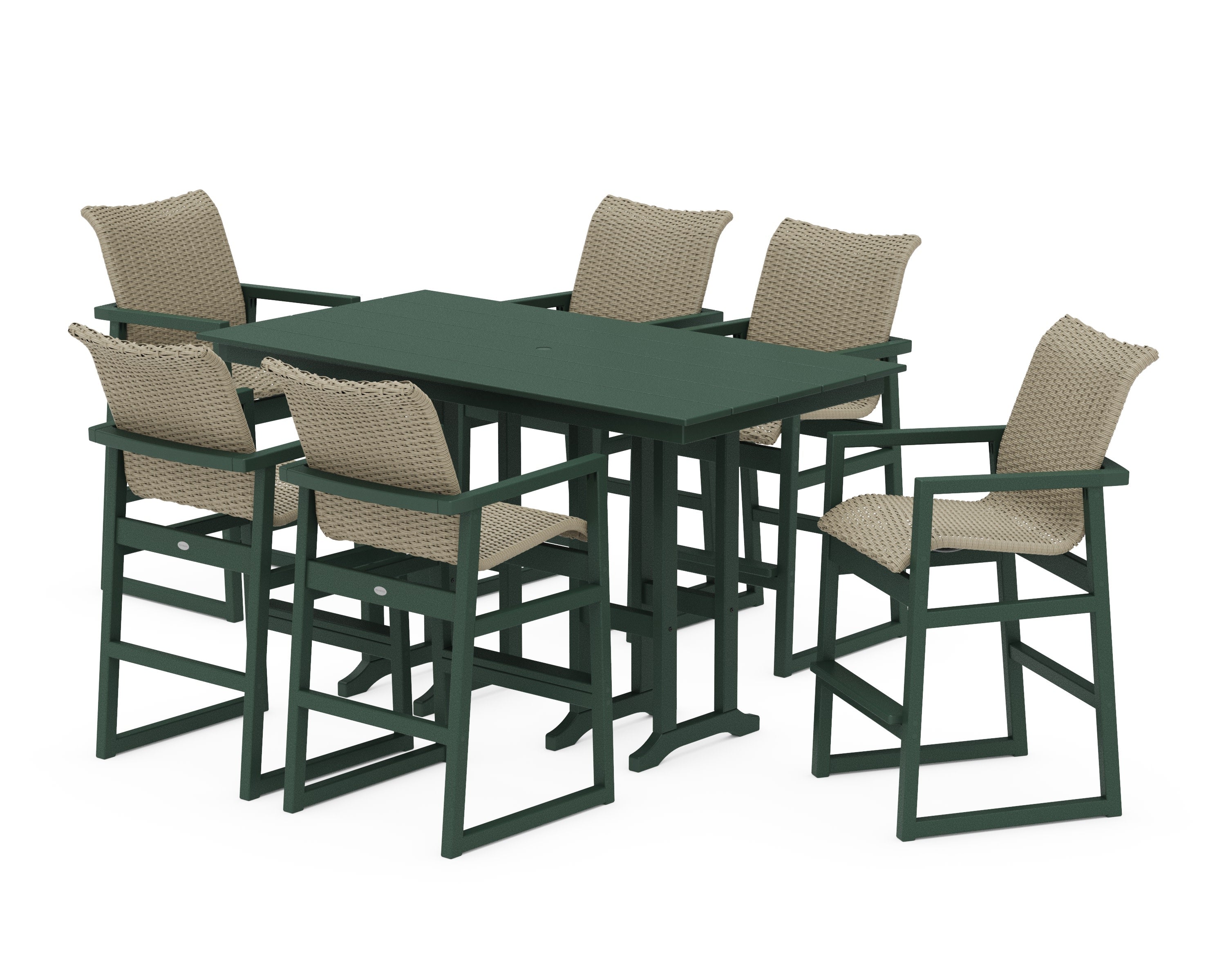 EDGE Woven Arm Chair 7-Piece Farmhouse Bar Set in Green / Dune Grass