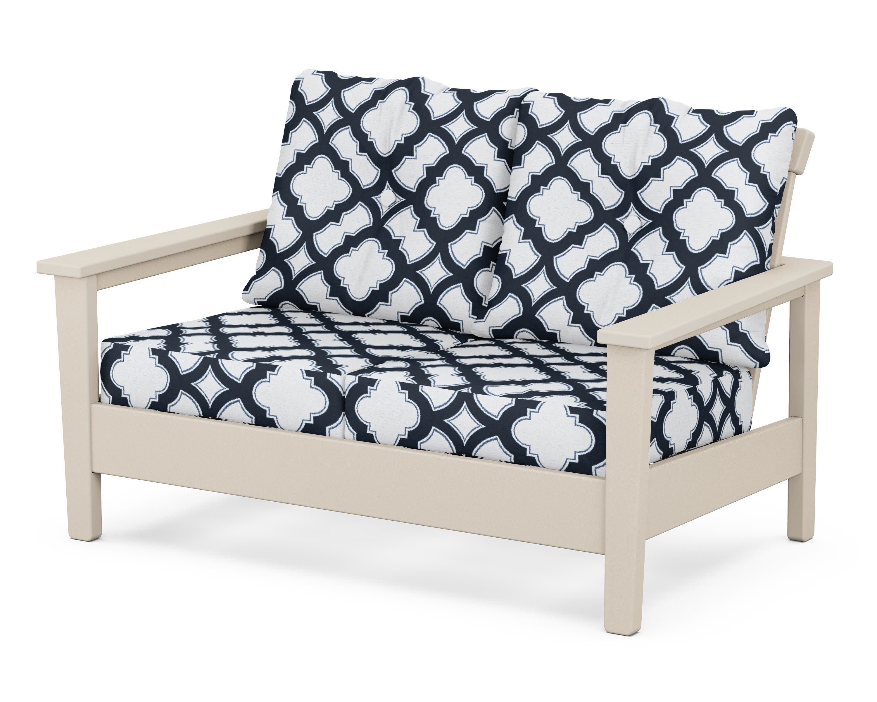 Prescott Deep Seating Loveseat in Sand / Trellis Marine Indigo