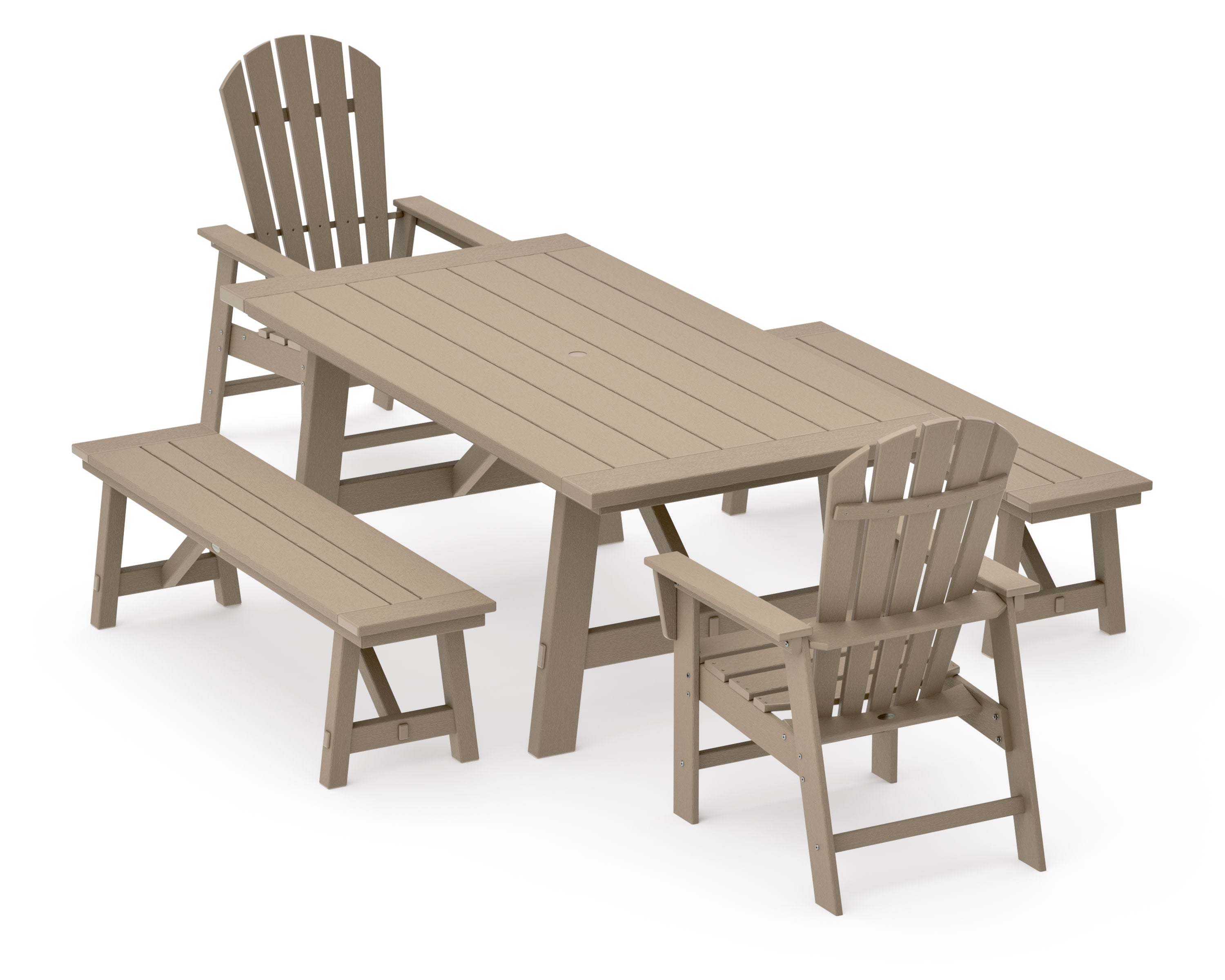 South Beach 5-Piece Rustic Farmhouse Dining Set With Benches in Vintage Sahara